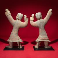 A Large Pair of Chinese Painted Pottery Archers, Western Han Dynasty — 西漢 彩繪射姿立俑一對