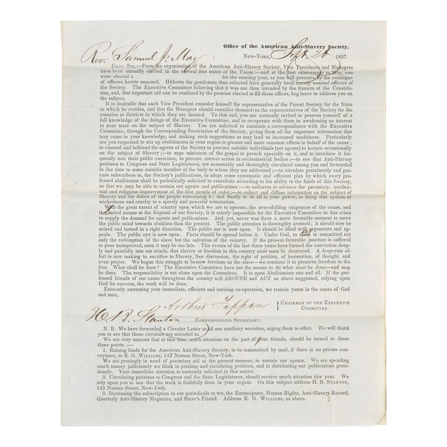 [African-Americana] Tappan, Arthur and Henry B. Stanton. Partially-Printed Circular Letter of the American Anti-Slavery Society, signed