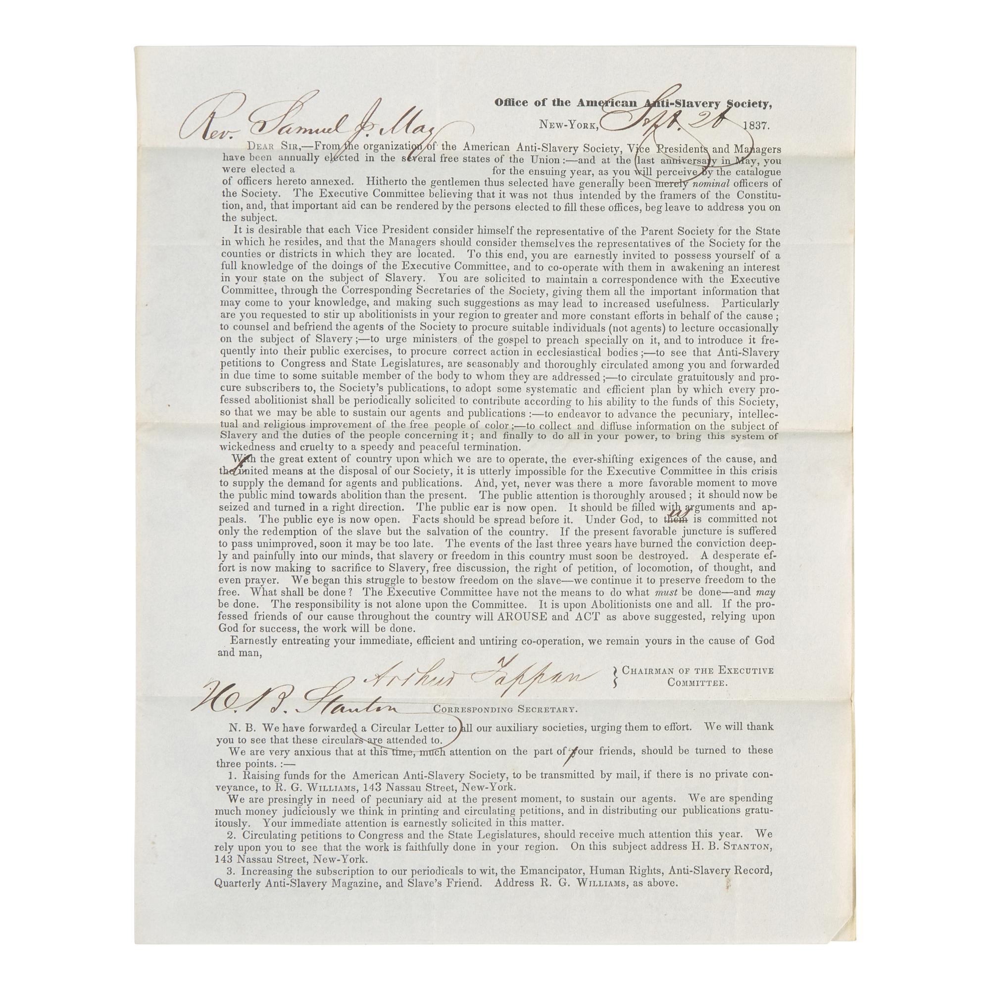 [African-Americana] Tappan, Arthur and Henry B. Stanton. Partially-Printed Circular Letter of the American Anti-Slavery Society, signed