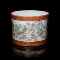 A Chinese Faux Bois and Grisaille Decorated 'Landscape' Brush Pot — 仿木紋釉墨彩高士策杖圖筆筒