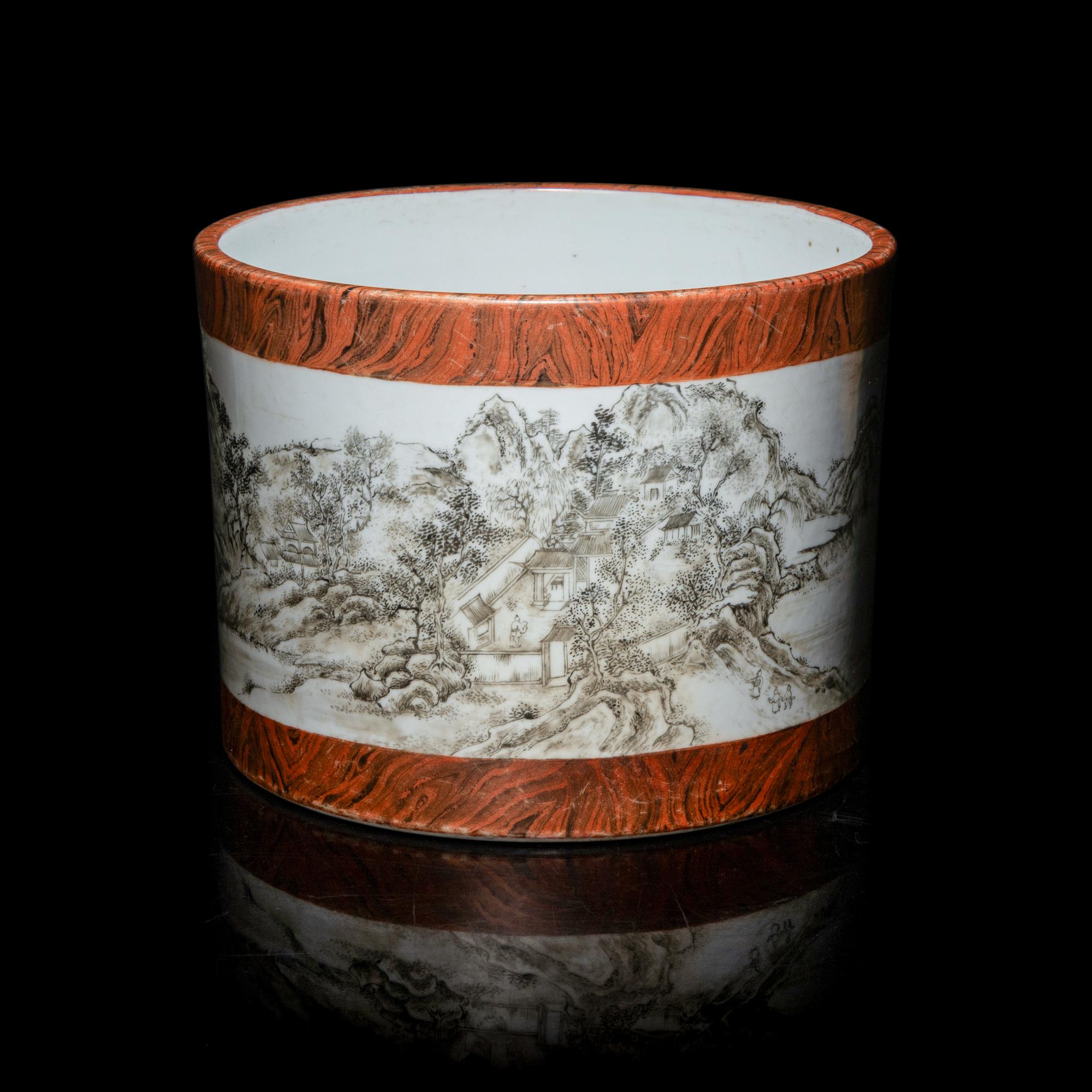 A Chinese Faux Bois and Grisaille Decorated 'Landscape' Brush Pot — 仿木紋釉墨彩高士策杖圖筆筒