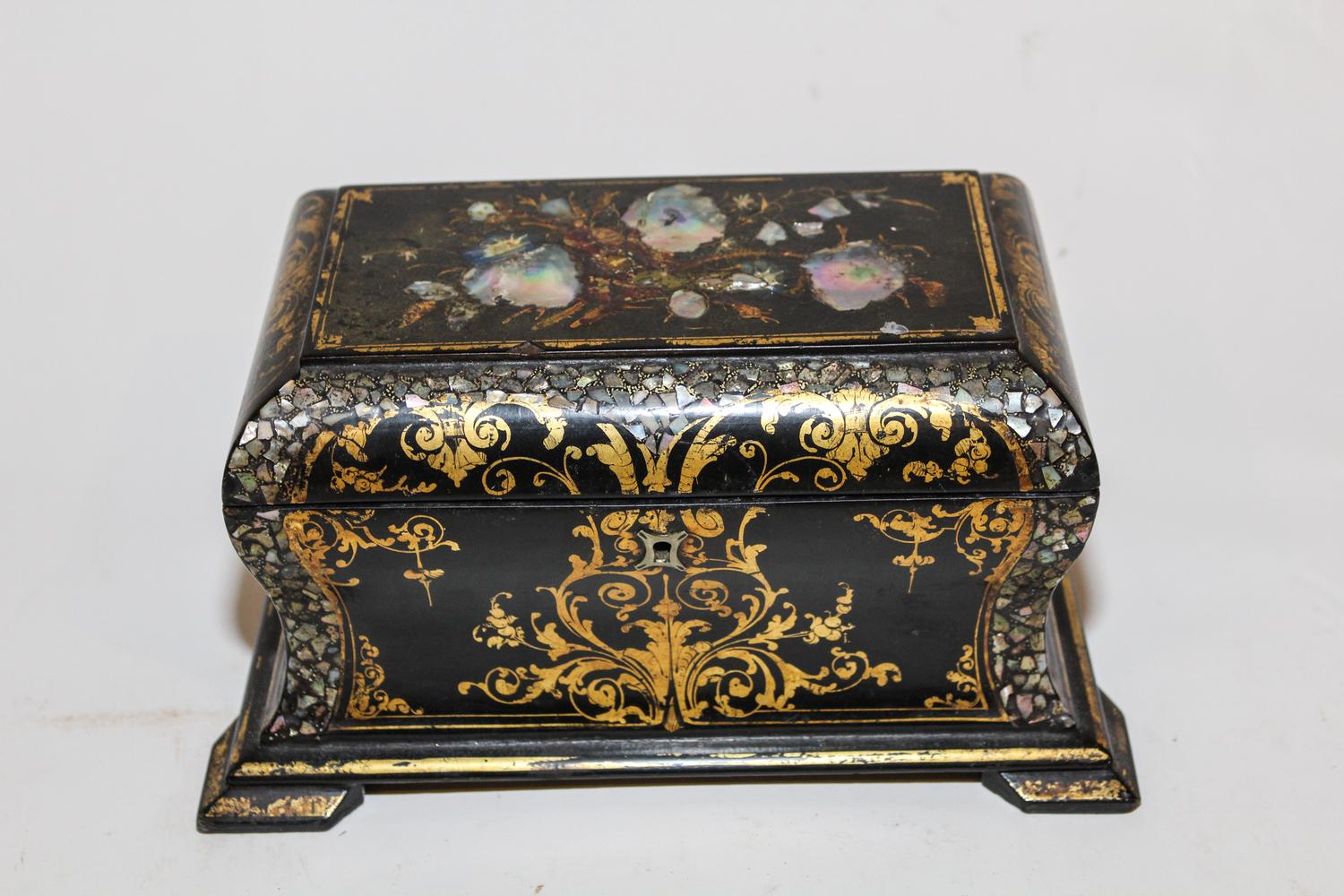 A Victorian Mother of Pearl Inset Lacquered Tea Caddy Width 10 1/4 inches. — 19TH CENTURY