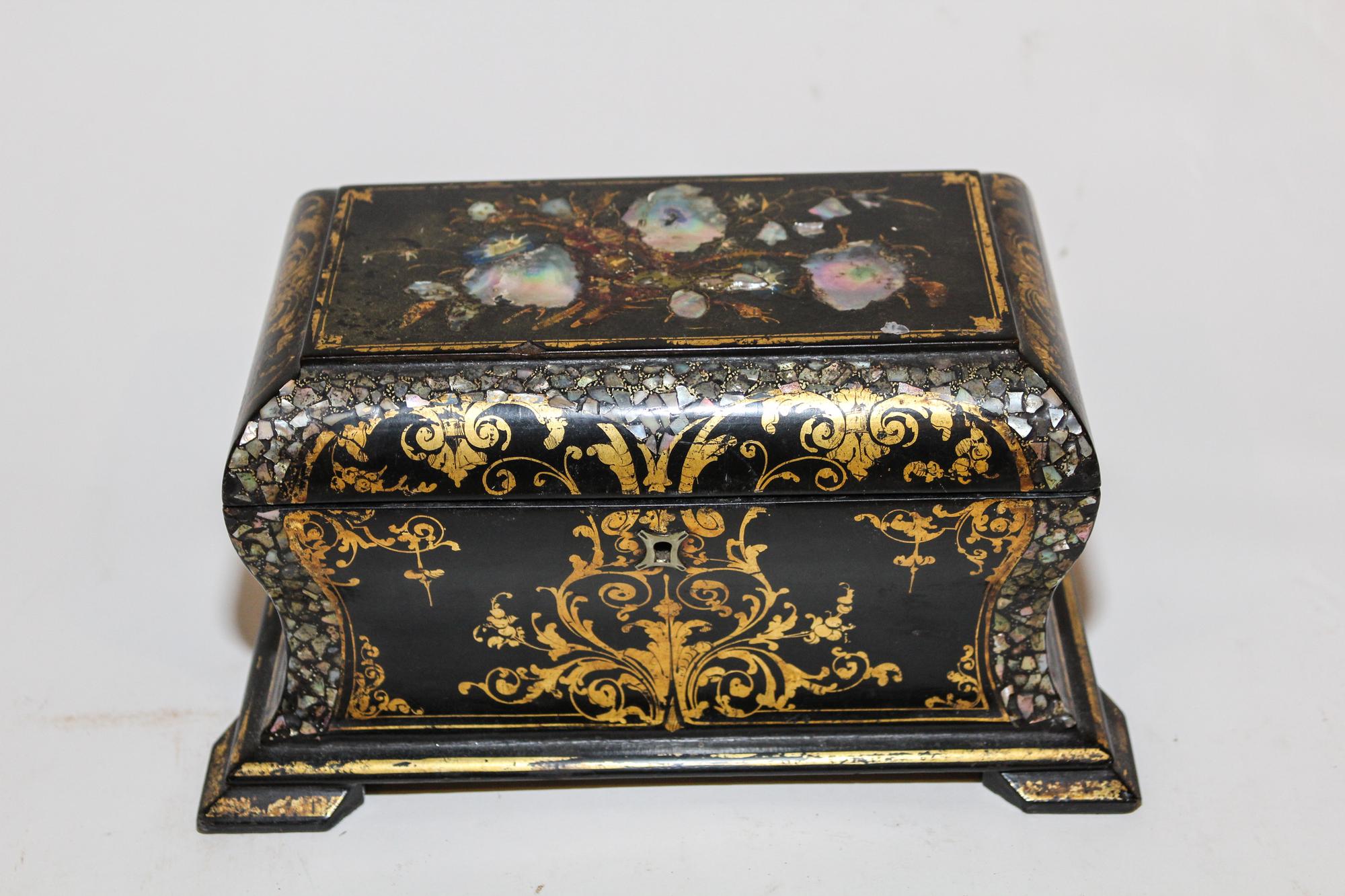 A Victorian Mother of Pearl Inset Lacquered Tea Caddy Width 10 1/4 inches. — 19TH CENTURY