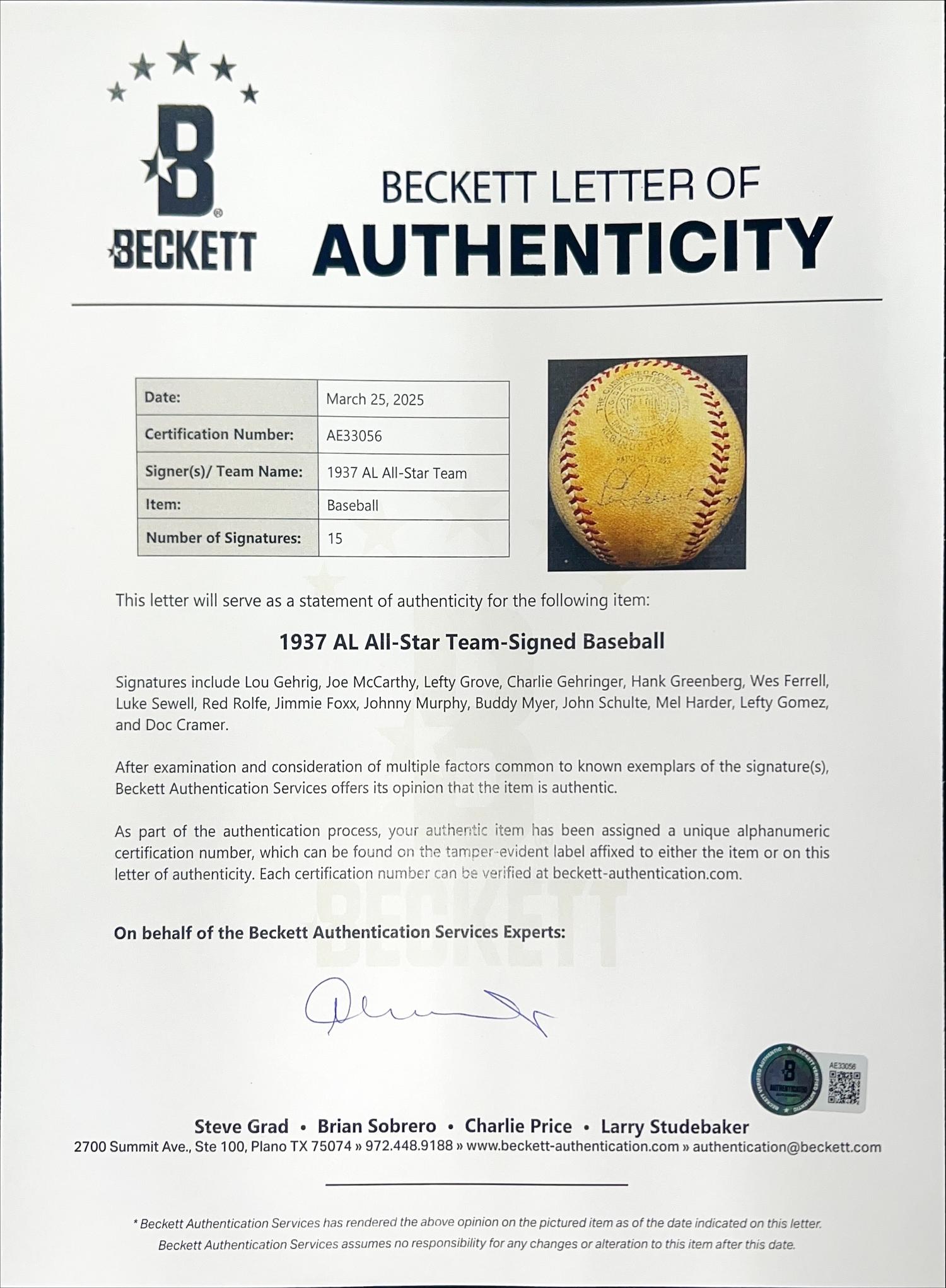 A 1937 American League All Star Team Signed Autograph Baseball Including Lou Gehrig, Hank Greenberg and Jimmie Foxx (Beckett Authentication Services)