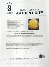 A 1937 American League All Star Team Signed Autograph Baseball Including Lou Gehrig, Hank Greenberg and Jimmie Foxx (Beckett Authentication Services)