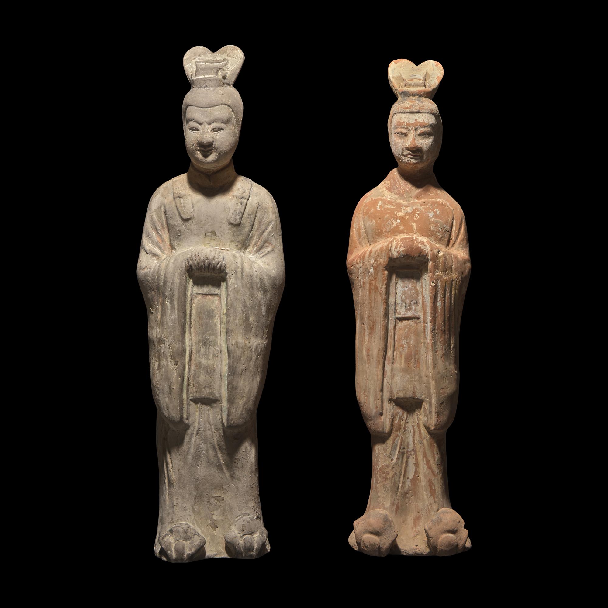 Two Chinese Pottery Figures of Standing Officials, Probably Tang Dynasty 或為唐 彩陶文官俑兩尊