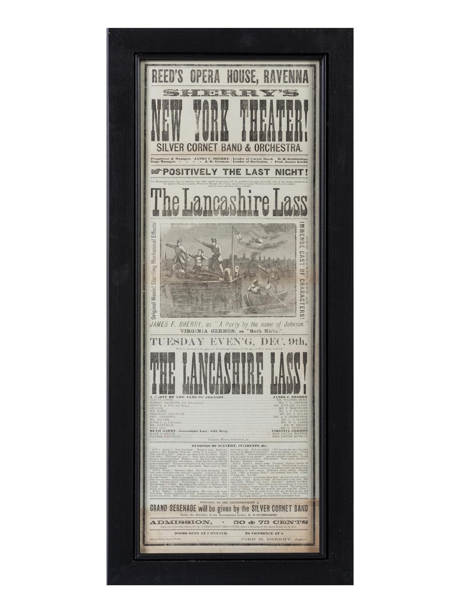 A Printed Broadside Promoting the Performance of the 'Lancashire Lass' at Reed's Opera House