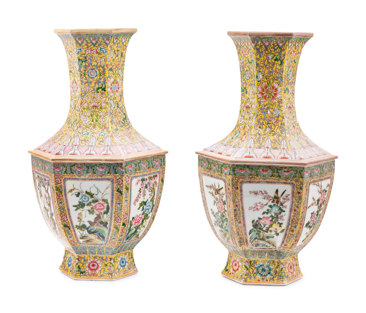 A Pair of Chinese Yellow Ground Famille Rose Porcelain Vases