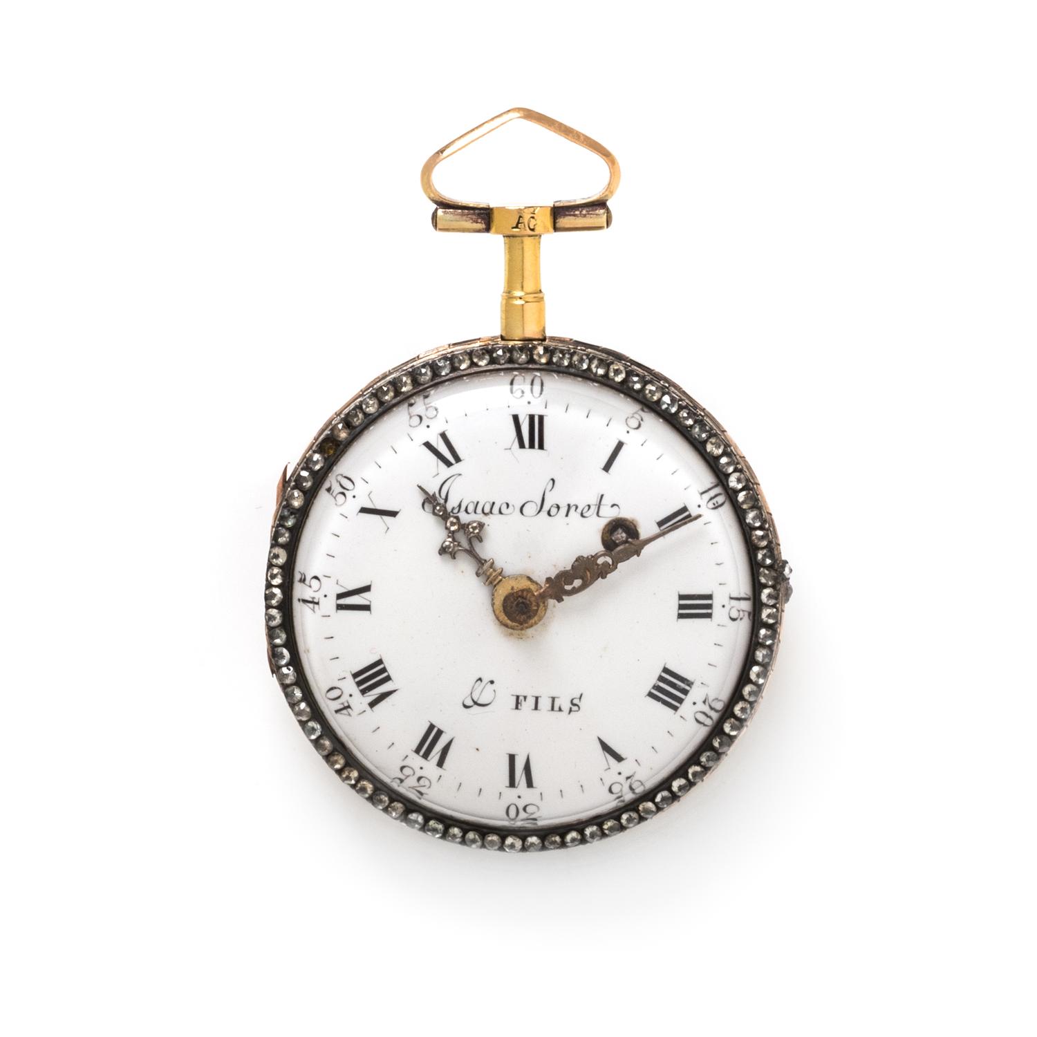 ISAAC SORET & FILS, GILT-METAL, ENAMEL AND PASTE OPEN FACE POCKET WATCH