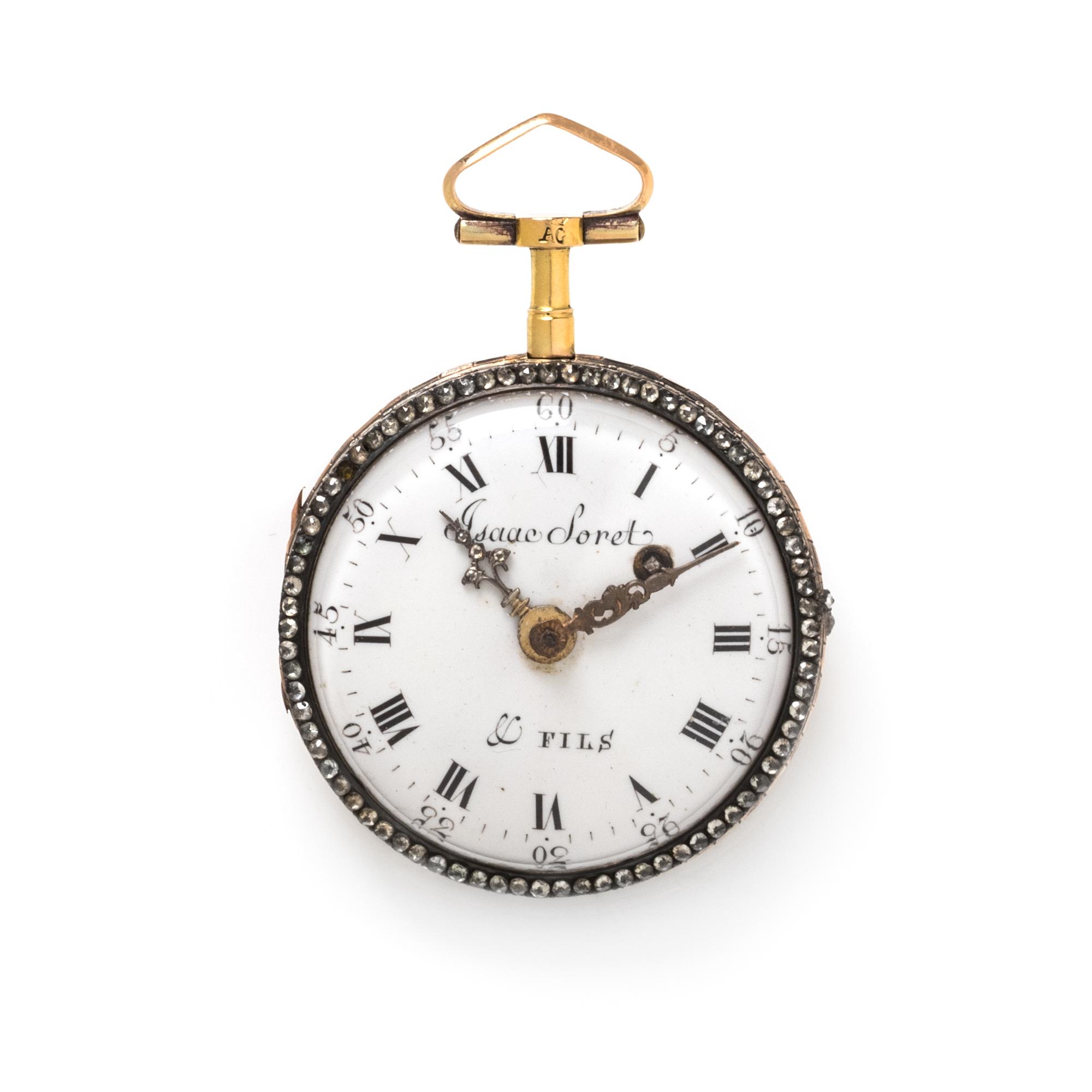 ISAAC SORET & FILS, GILT-METAL, ENAMEL AND PASTE OPEN FACE POCKET WATCH