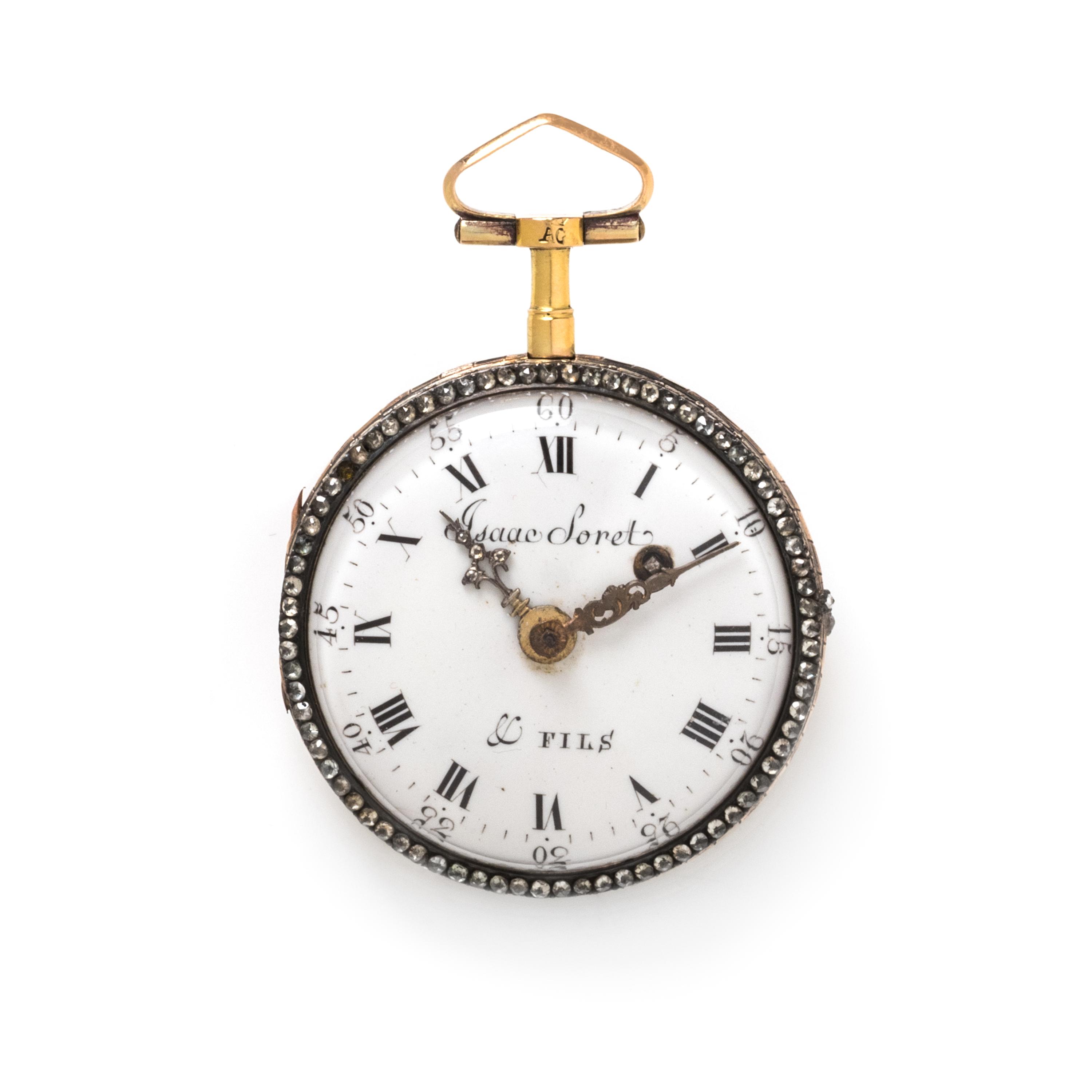 ISAAC SORET & FILS, GILT-METAL, ENAMEL AND PASTE OPEN FACE POCKET WATCH