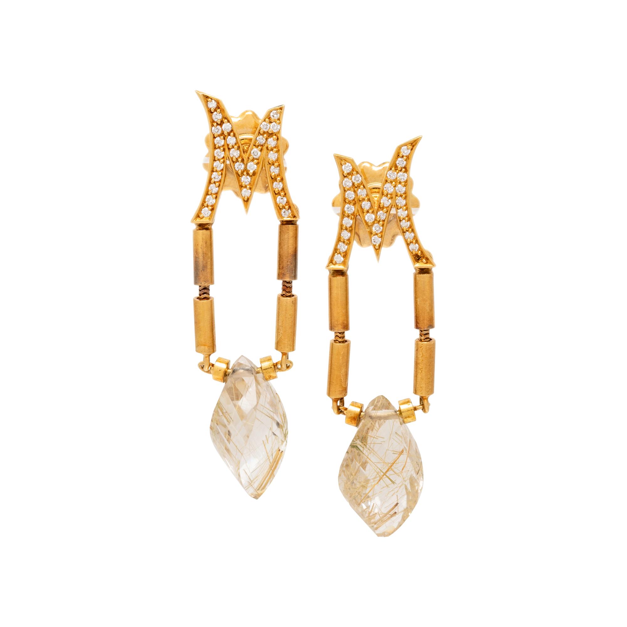 DIAMOND AND RUTILATED QUARTZ 'M' EARRINGS