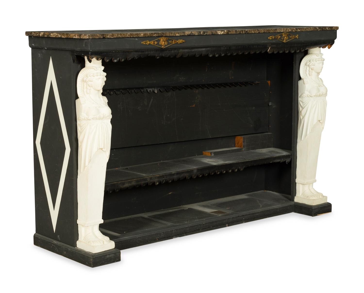 An Empire Style Gilt Metal and Plaster Mounted Ebonized Pier Table with Marble Top