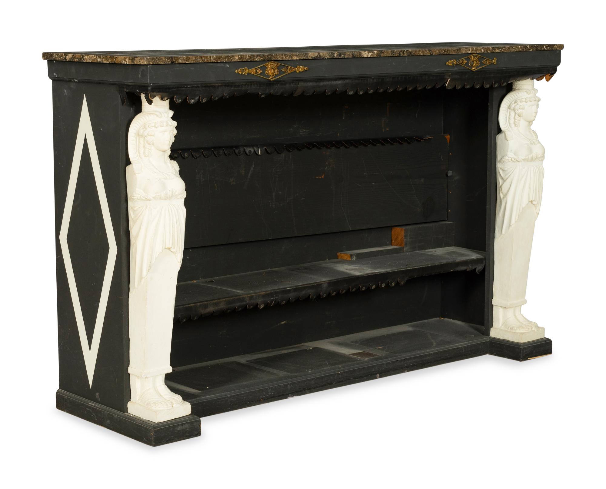 An Empire Style Gilt Metal and Plaster Mounted Ebonized Pier Table with Marble Top