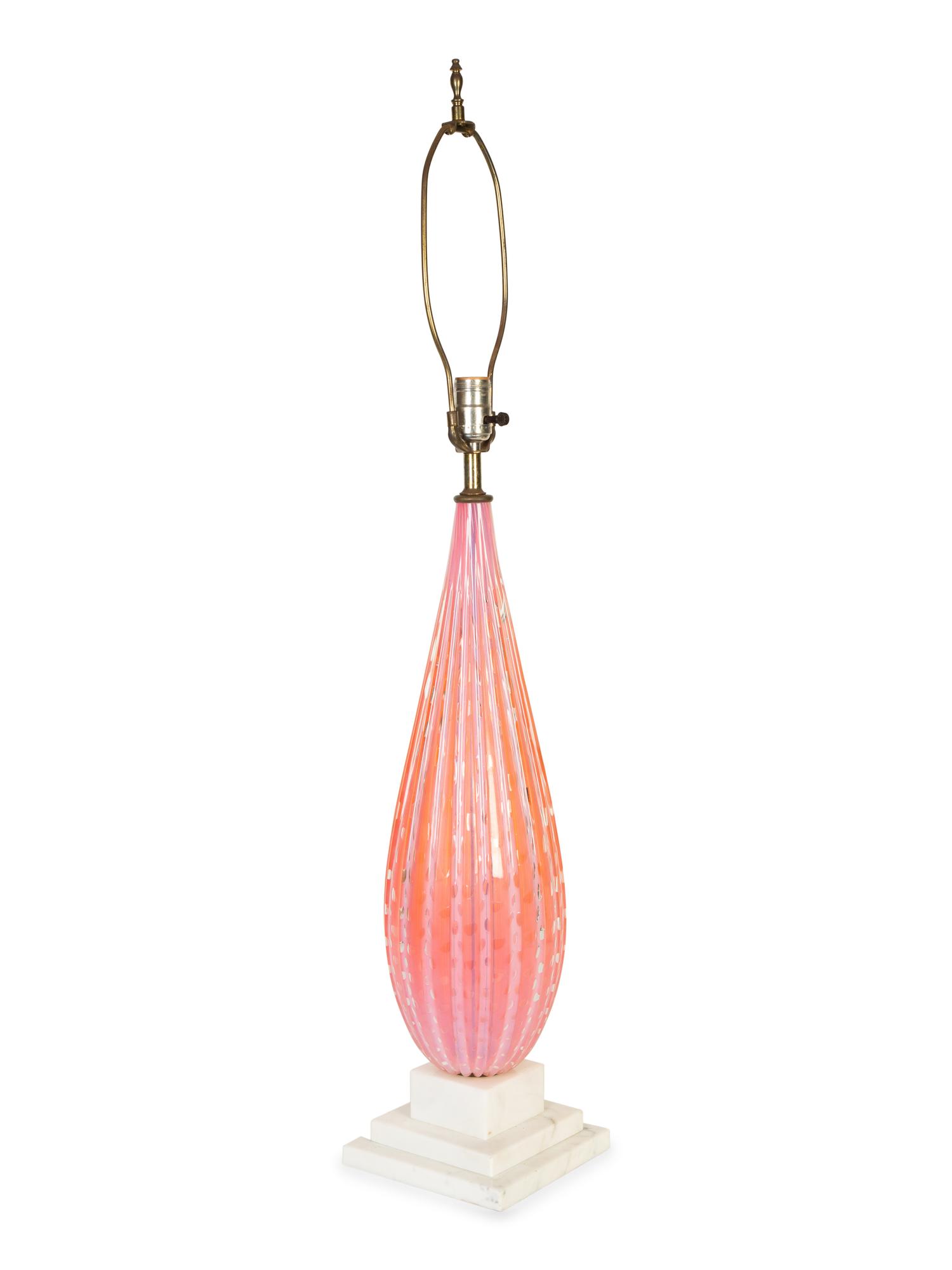 A Murano Pink Fluted Bullicante Glass and Marble Lamp