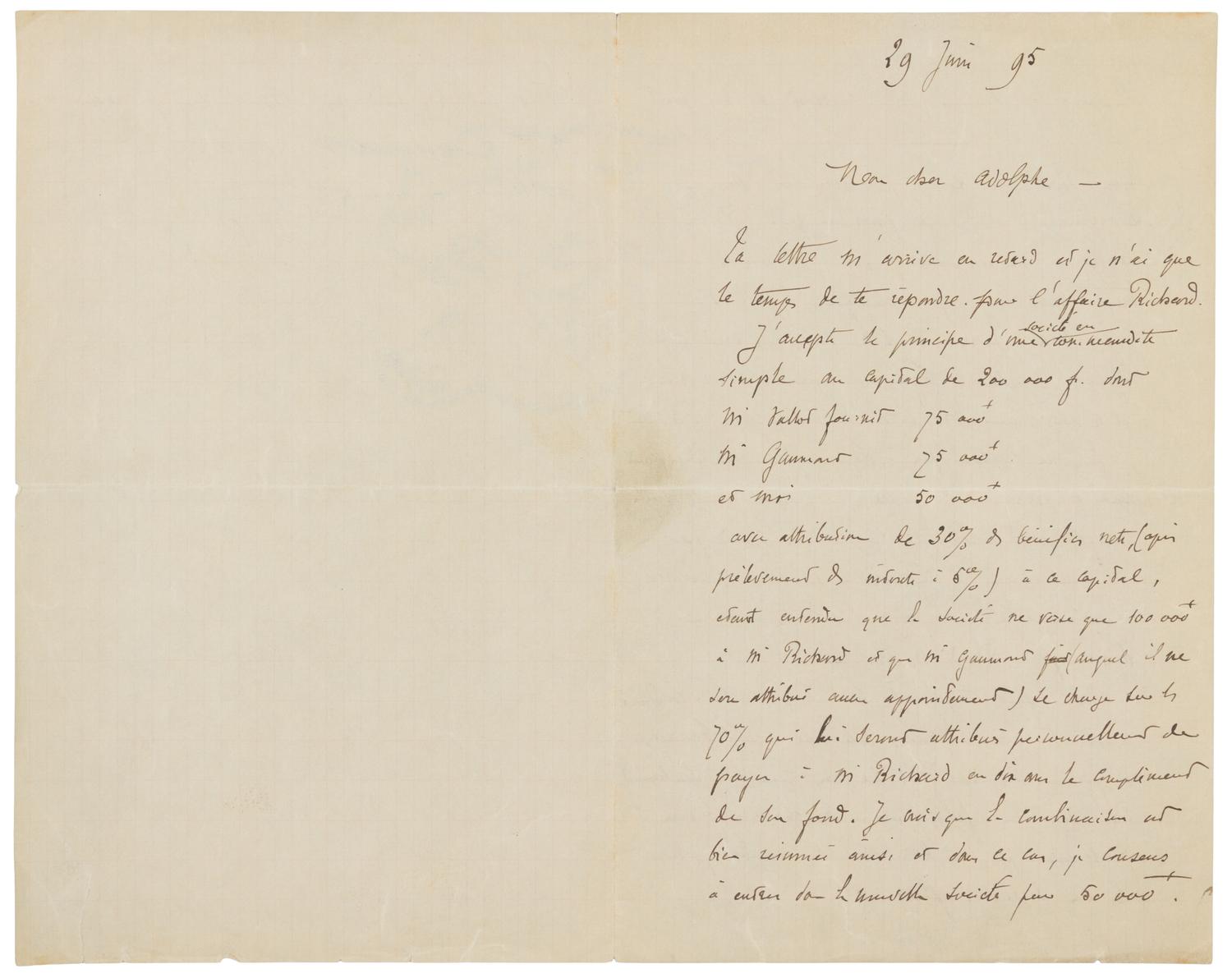 EIFFEL, Gustave (1832-1923). Autograph letter signed ("G. Eiffel"), in French, to Adolphe [Salles?]. N.p., 29 June 1895.