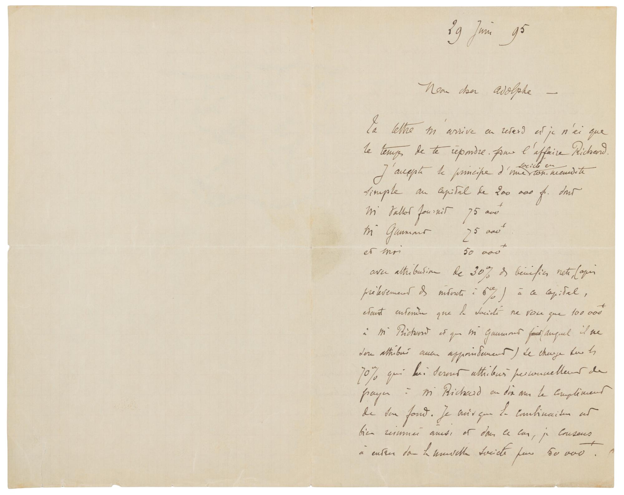 EIFFEL, Gustave (1832-1923). Autograph letter signed ("G. Eiffel"), in French, to Adolphe [Salles?]. N.p., 29 June 1895.