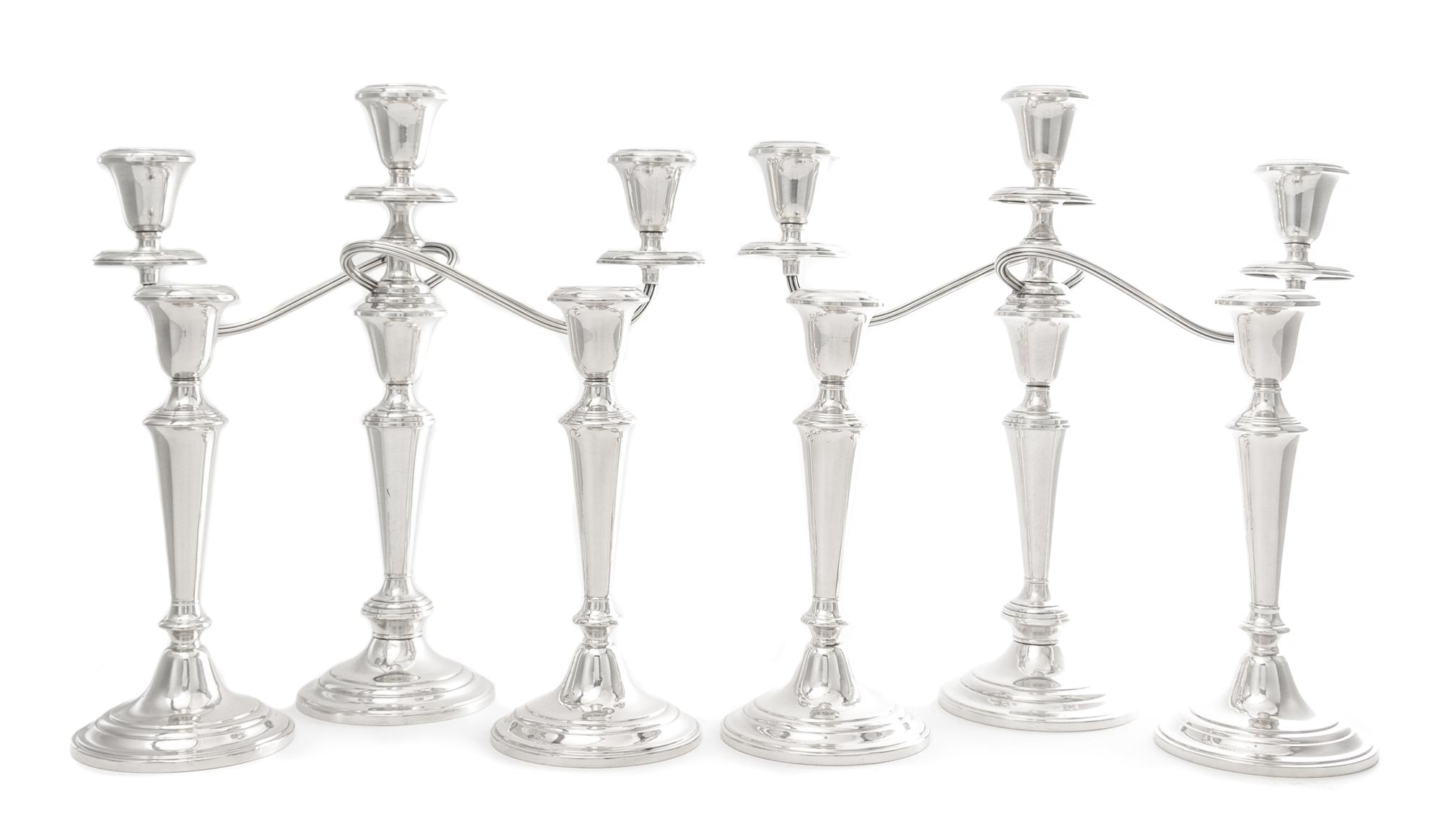 A Set of Four American Silver Candlesticks and a Pair of Candelabra, Gorham Mfg. Co., Providence, RI, 20th Century, each having baluste