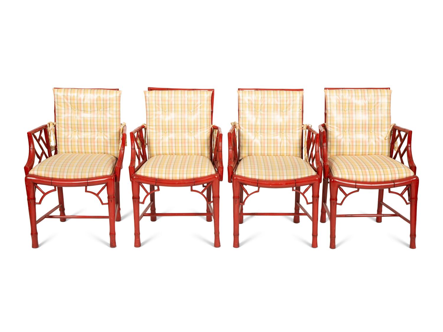 Four Chinese Chippendale Style Red Lacquer Armchairs