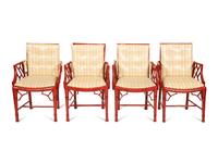 Four Chinese Chippendale Style Red Lacquer Armchairs