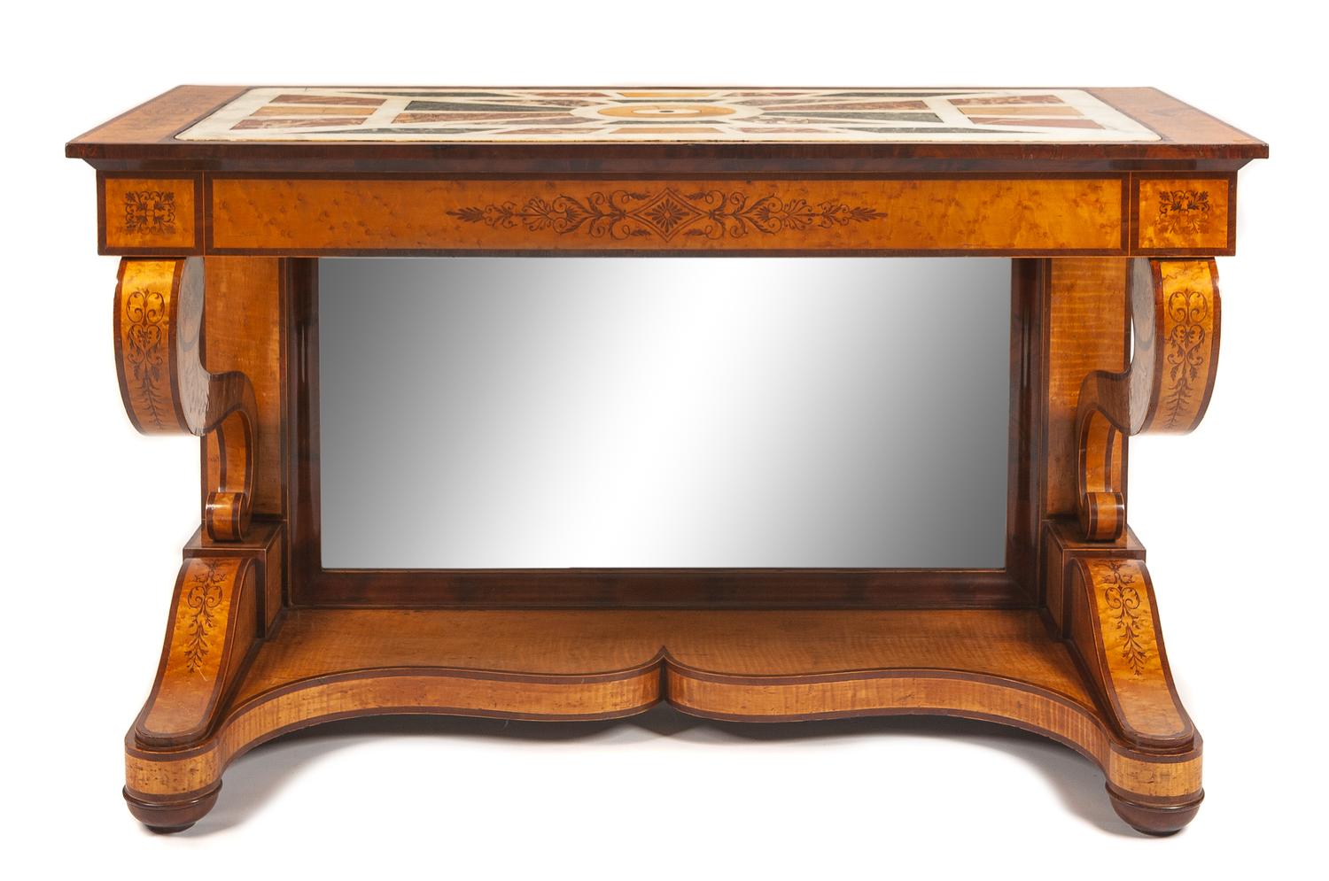 A Charles X Inlaid and Specimen Marble Inset Console Table Height 38 x width 61 x depth 28 1/2 inches. — 19TH CENTURY