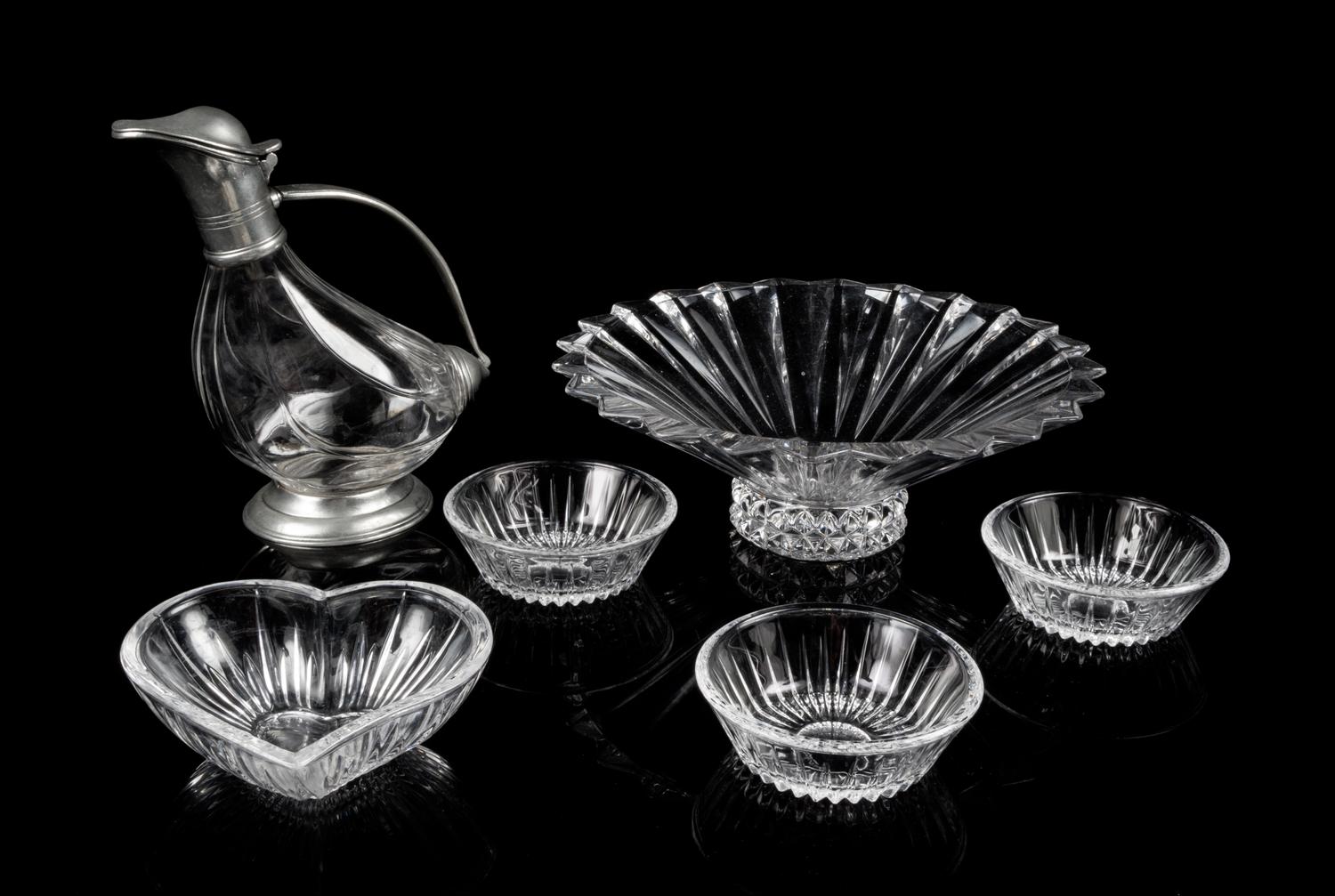 A Group of Six Glass Table Articles Diameter of first 12 inches.