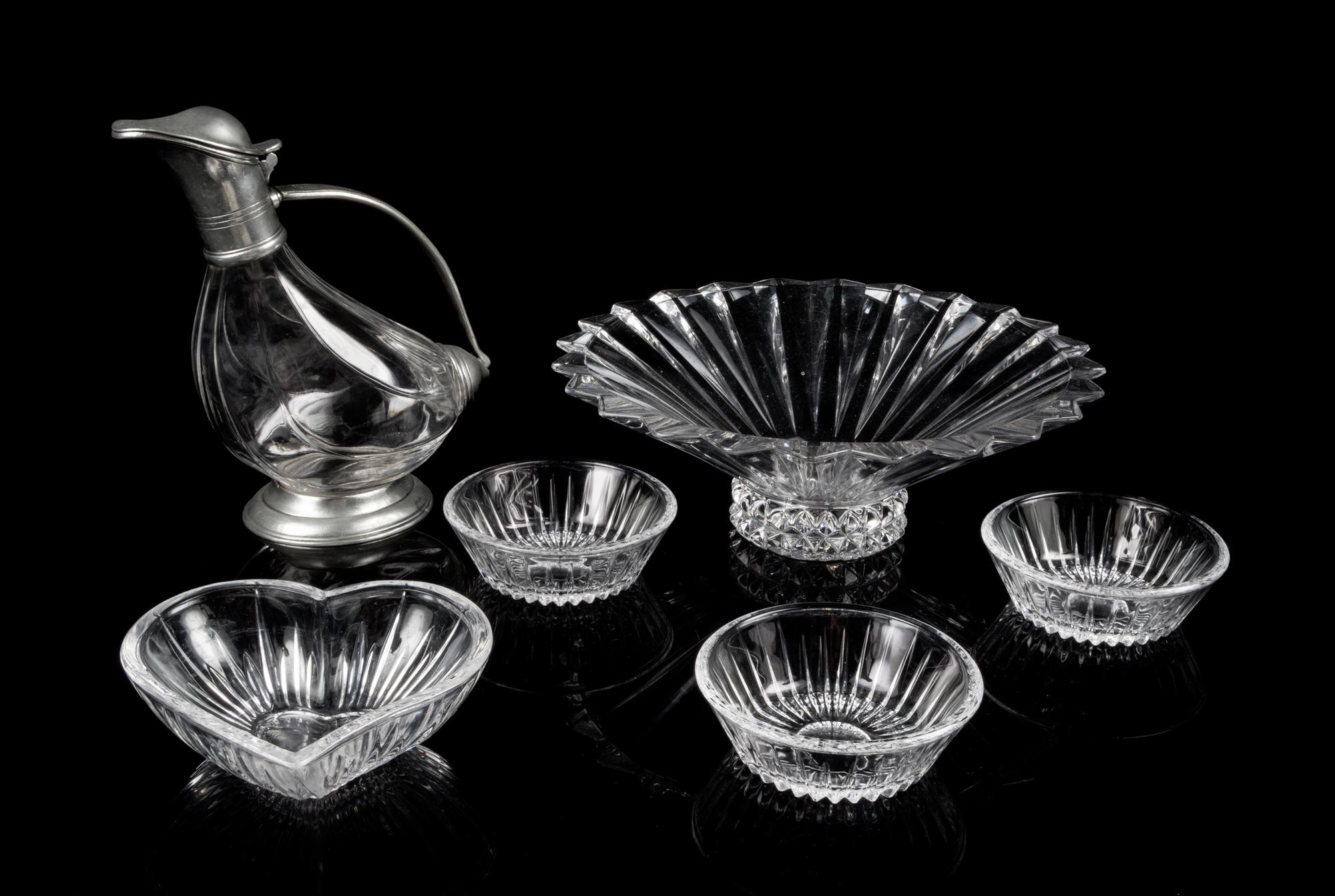 A Group of Six Glass Table Articles Diameter of first 12 inches.