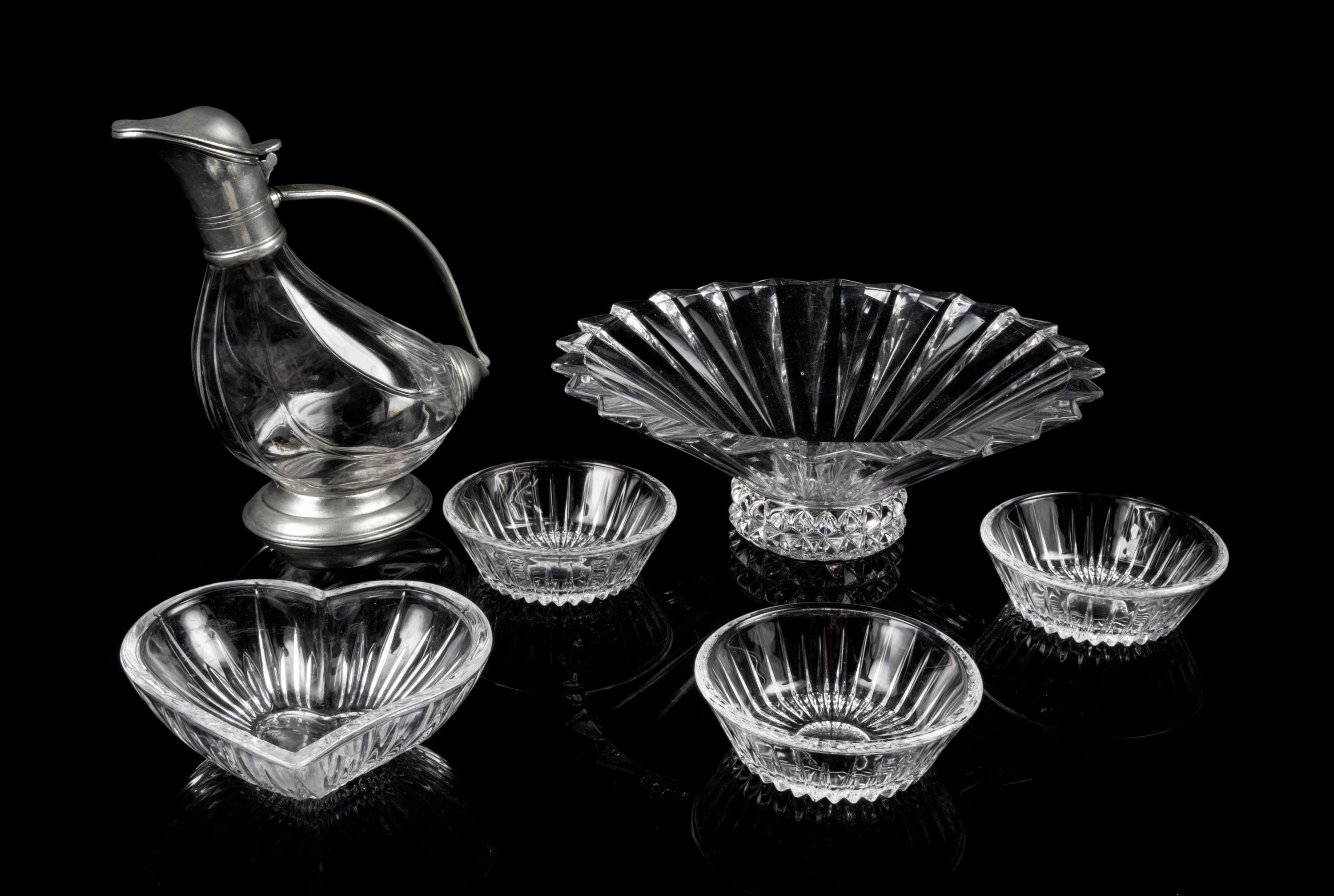 A Group of Six Glass Table Articles Diameter of first 12 inches.