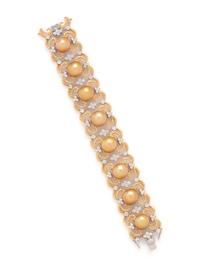 CULTURED GOLDEN SOUTH SEA PEARL, DIAMOND AND COLORED DIAMOND BRACELET