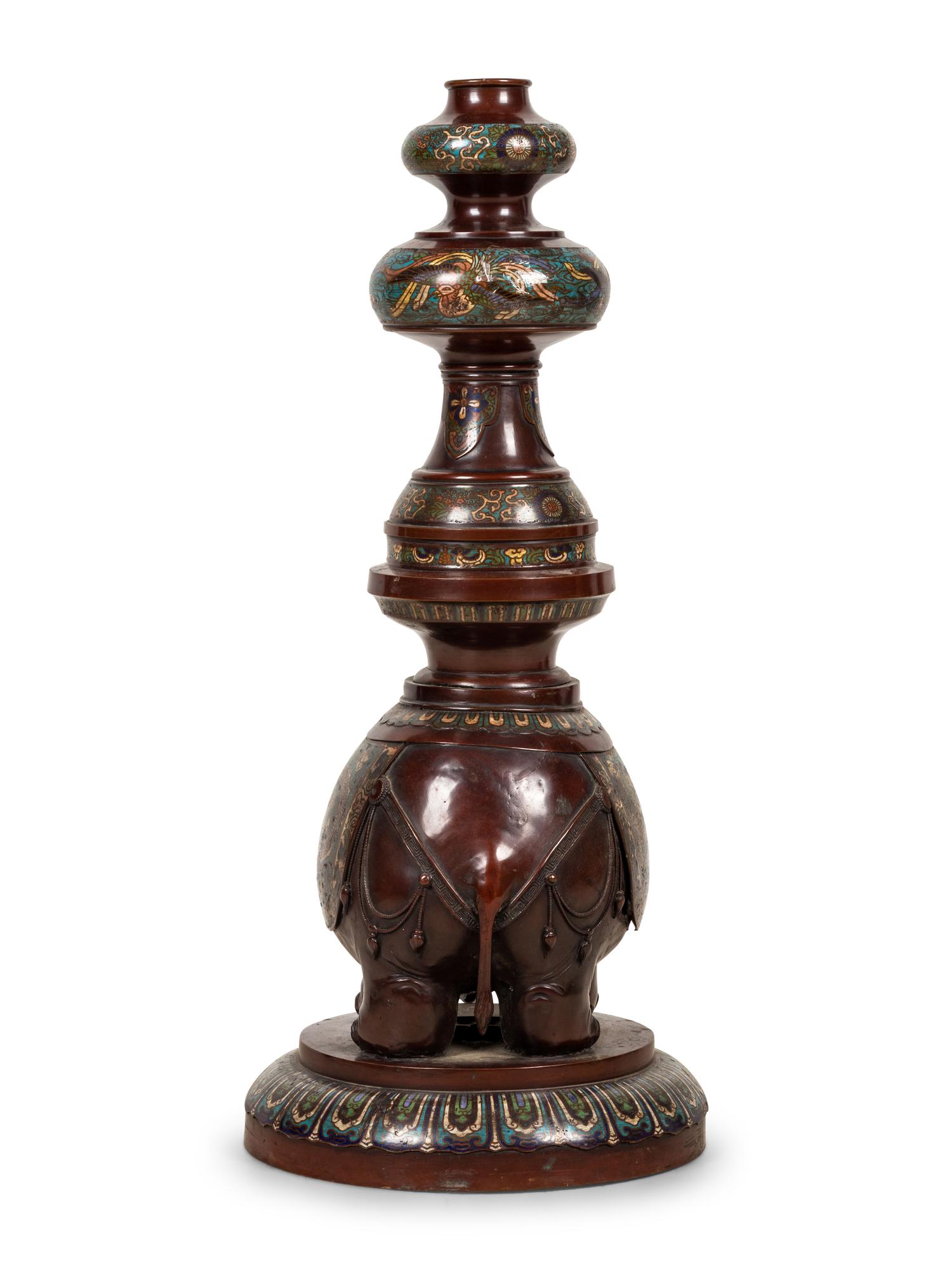 A Large Japanese Champlevé and Bronze Candle Holder