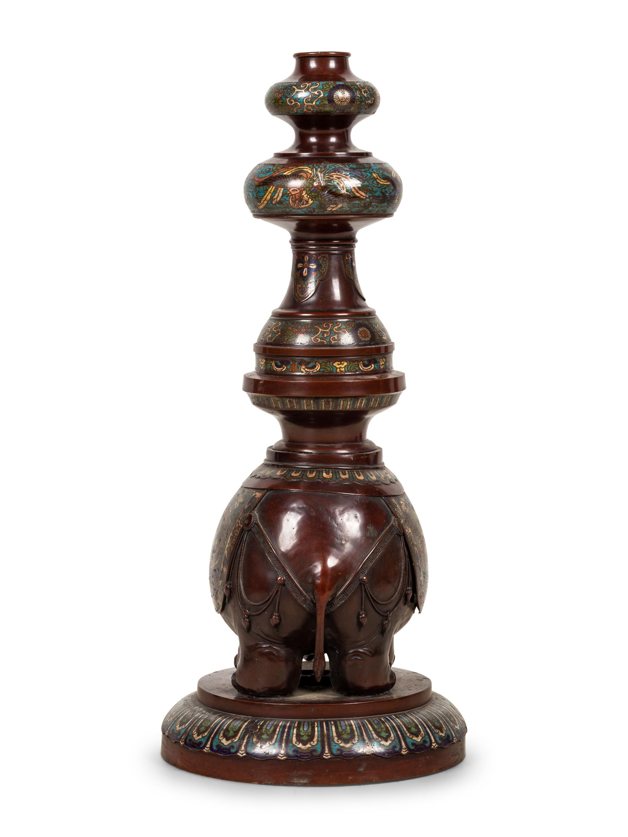 A Large Japanese Champlevé and Bronze Candle Holder