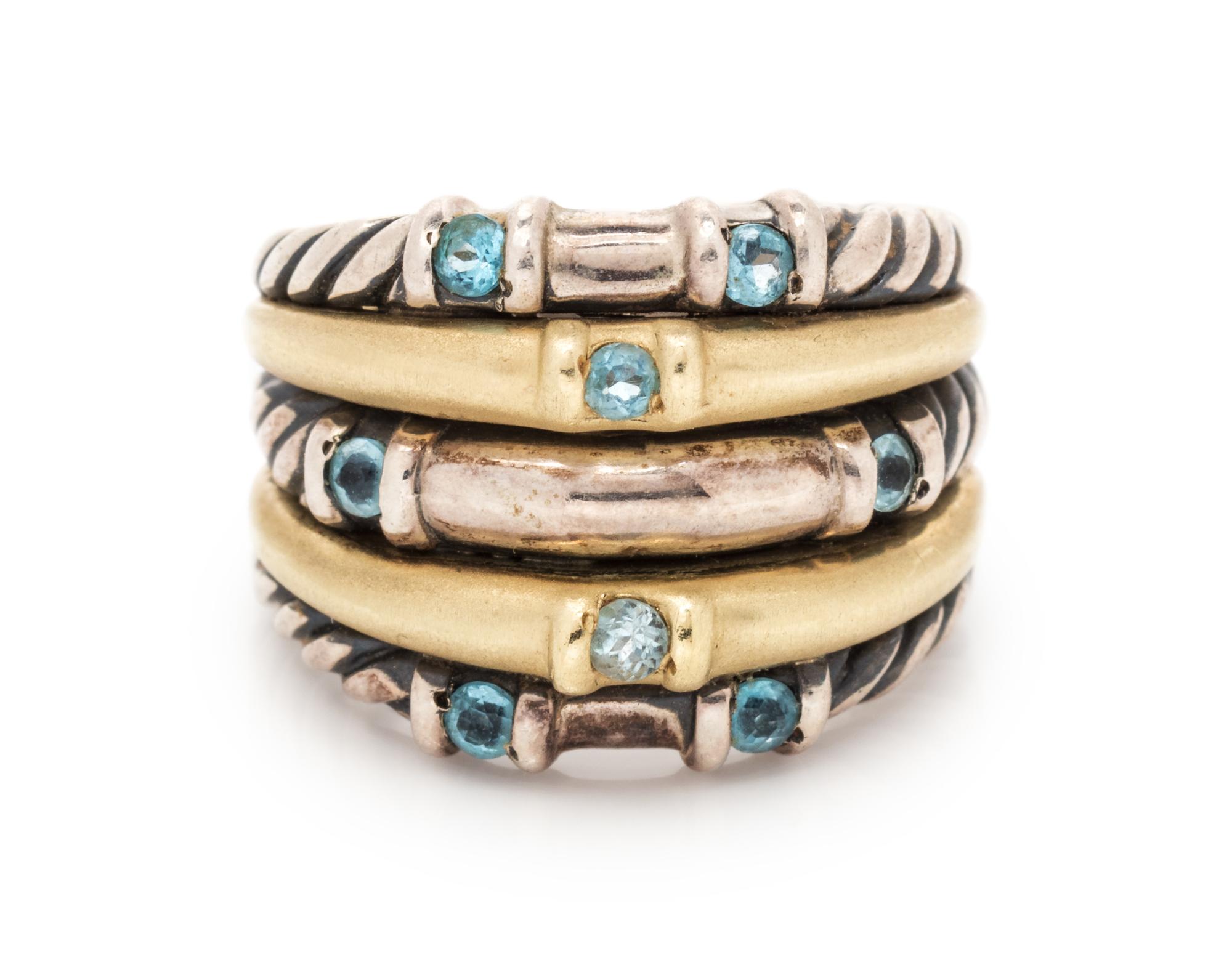 A Sterling Silver, 14 Karat Yellow Gold and Blue Topaz Ring, David Yurman,