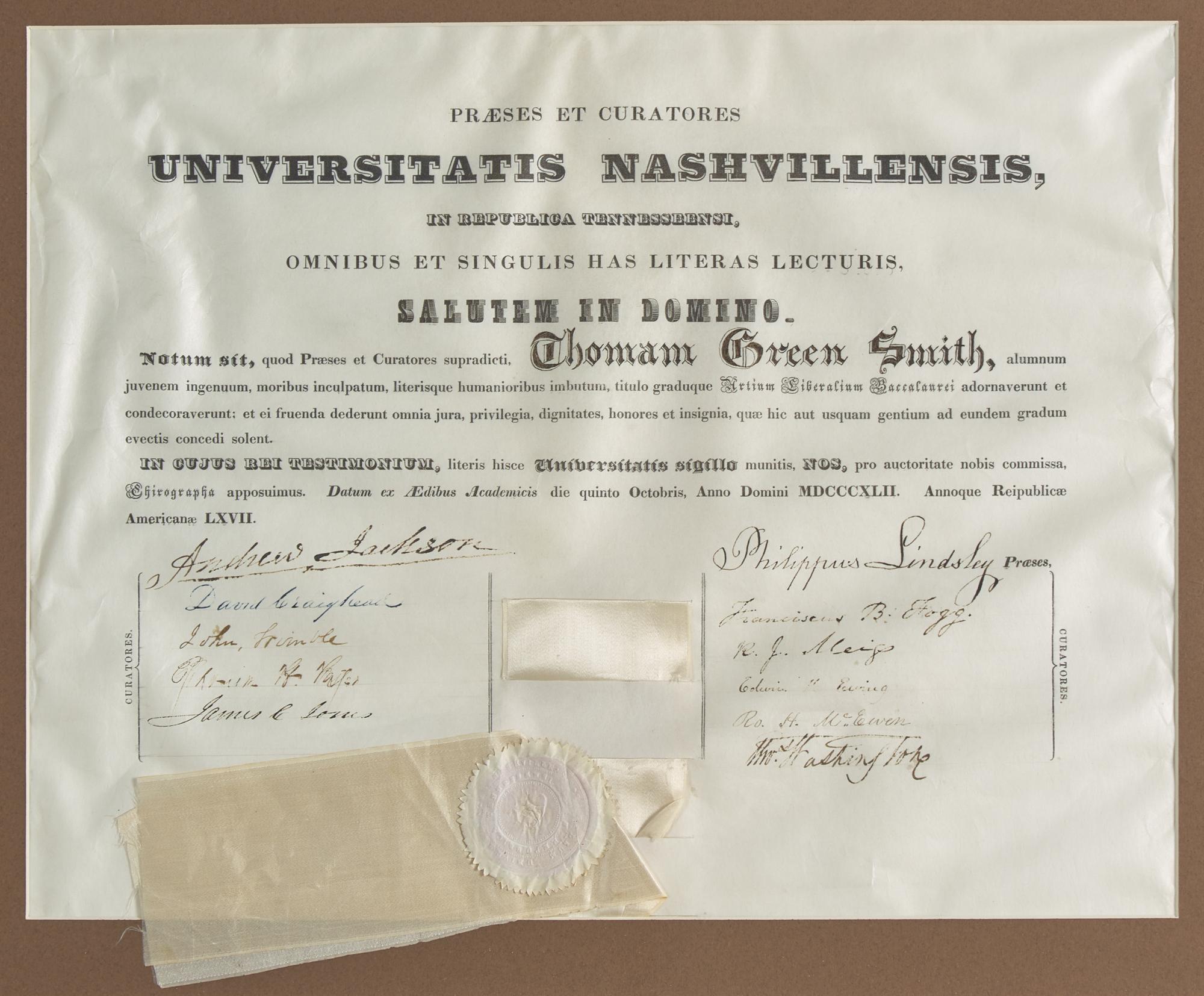 [Presidential] Jackson, Andrew. Signed University of Nashville Diploma