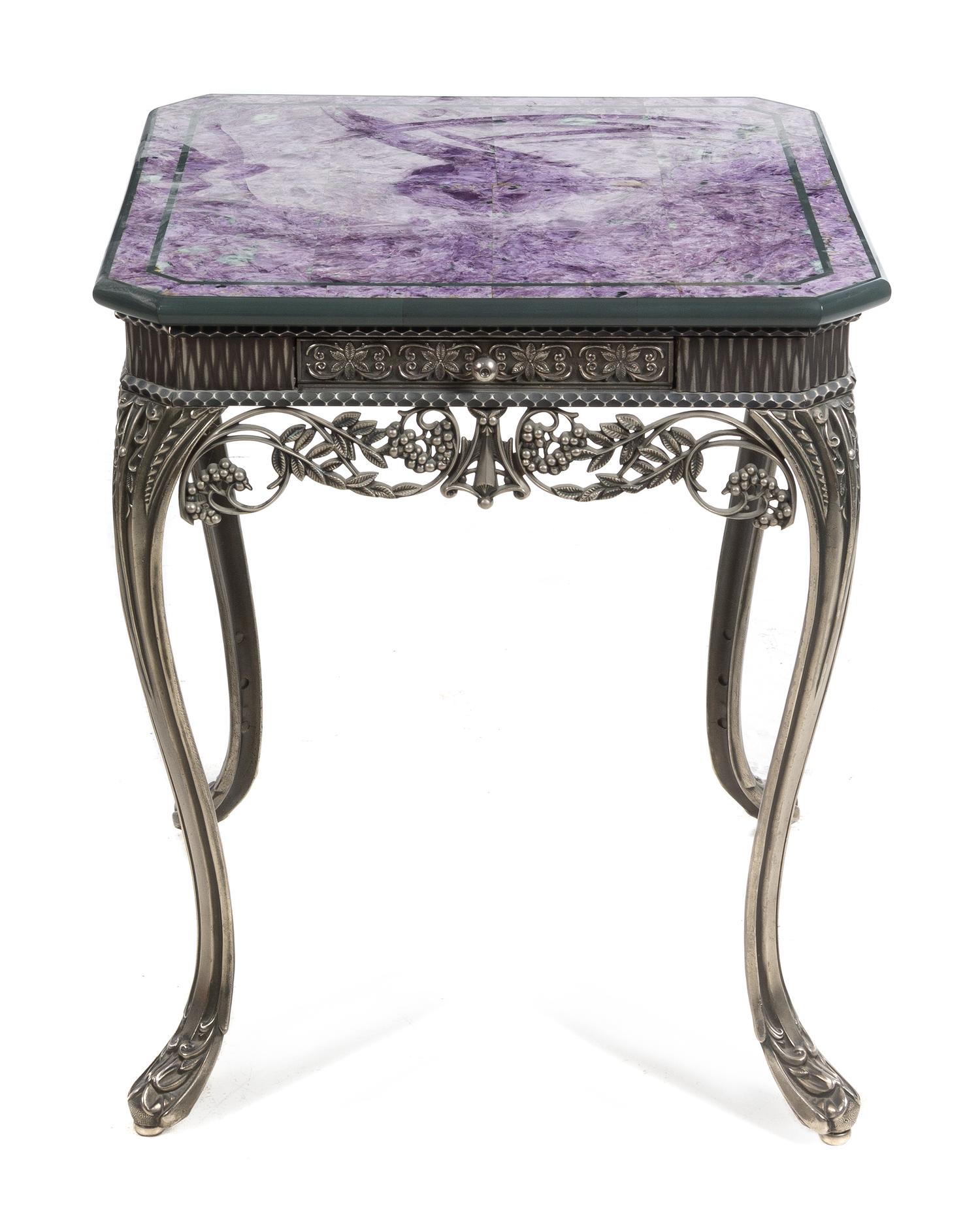 An Art Deco Style Lapis Veneered Silvered Metal Side Table Height 25 3/4 x width 22 x depth 22 inches. — EARLY 20TH CENTURY