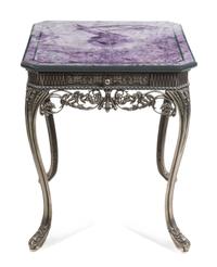 An Art Deco Style Lapis Veneered Silvered Metal Side Table Height 25 3/4 x width 22 x depth 22 inches. — EARLY 20TH CENTURY
