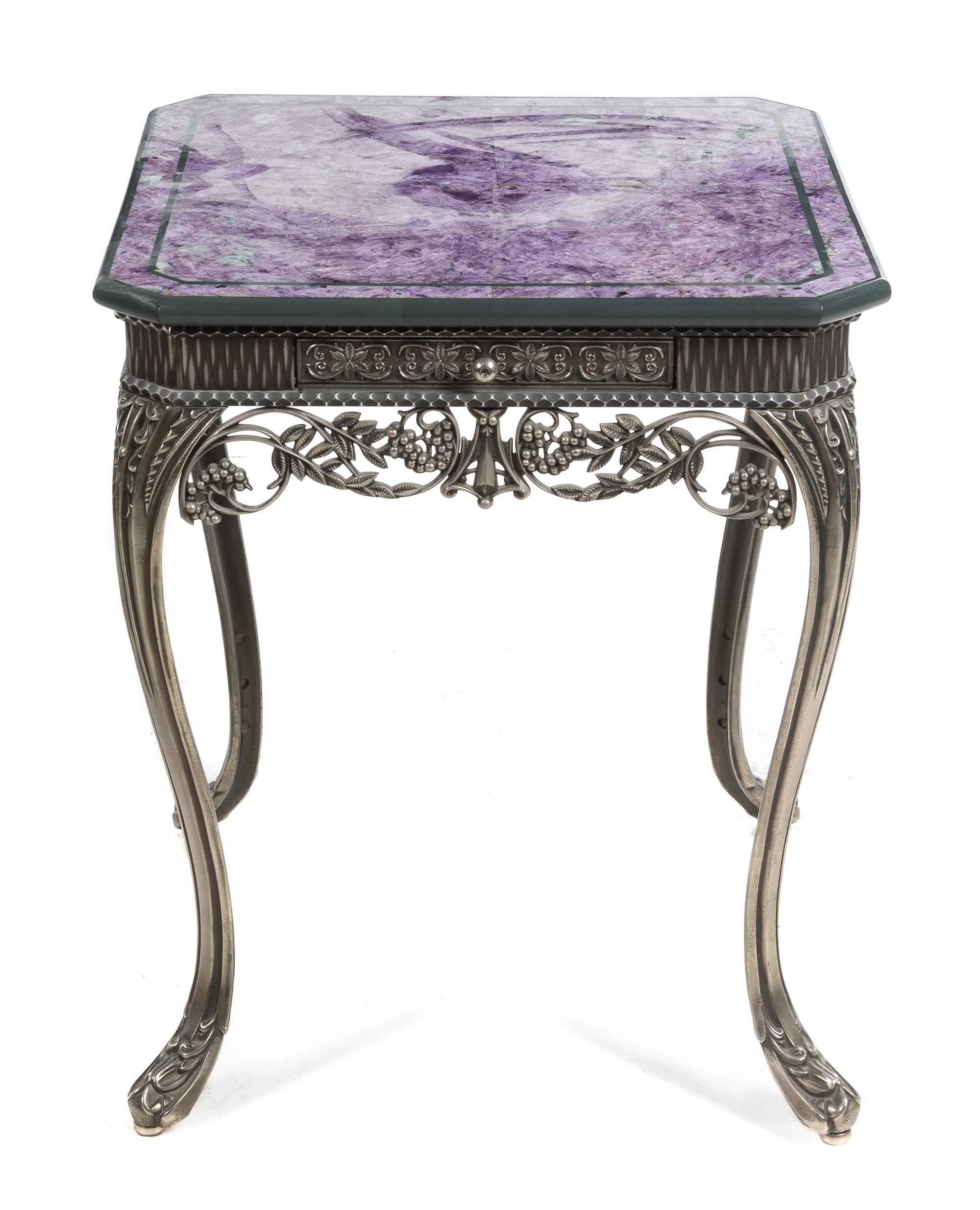 An Art Deco Style Lapis Veneered Silvered Metal Side Table Height 25 3/4 x width 22 x depth 22 inches. — EARLY 20TH CENTURY