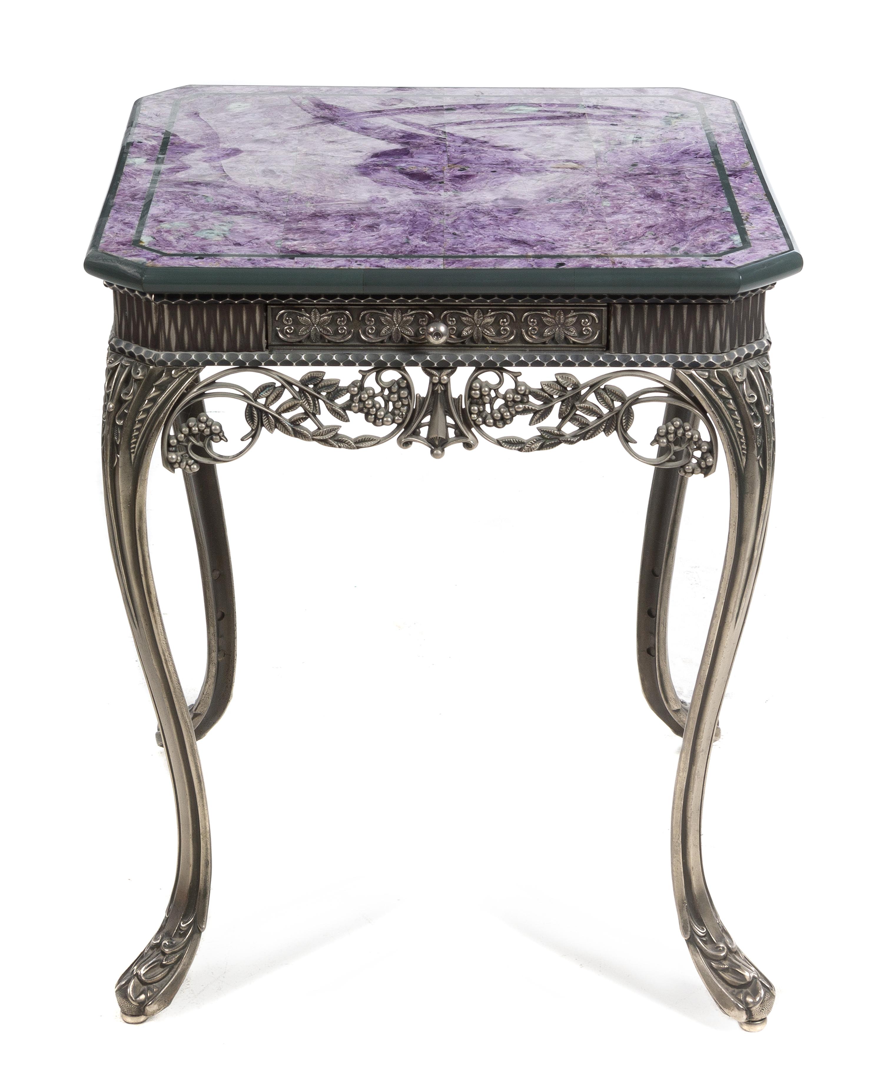 An Art Deco Style Lapis Veneered Silvered Metal Side Table Height 25 3/4 x width 22 x depth 22 inches. — EARLY 20TH CENTURY