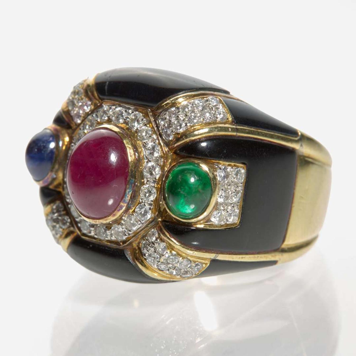 An 18K Yellow Gold, Enamel, and Gemstone Ring