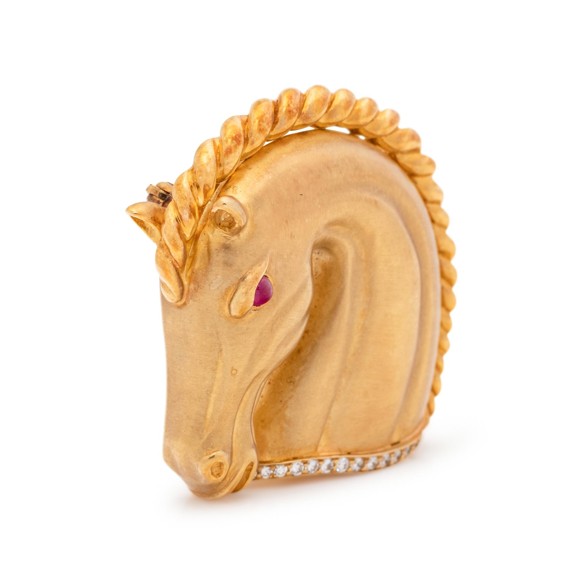 YELLOW GOLD, DIAMOND AND RUBY HORSE HEAD PENDANT/BROOCH