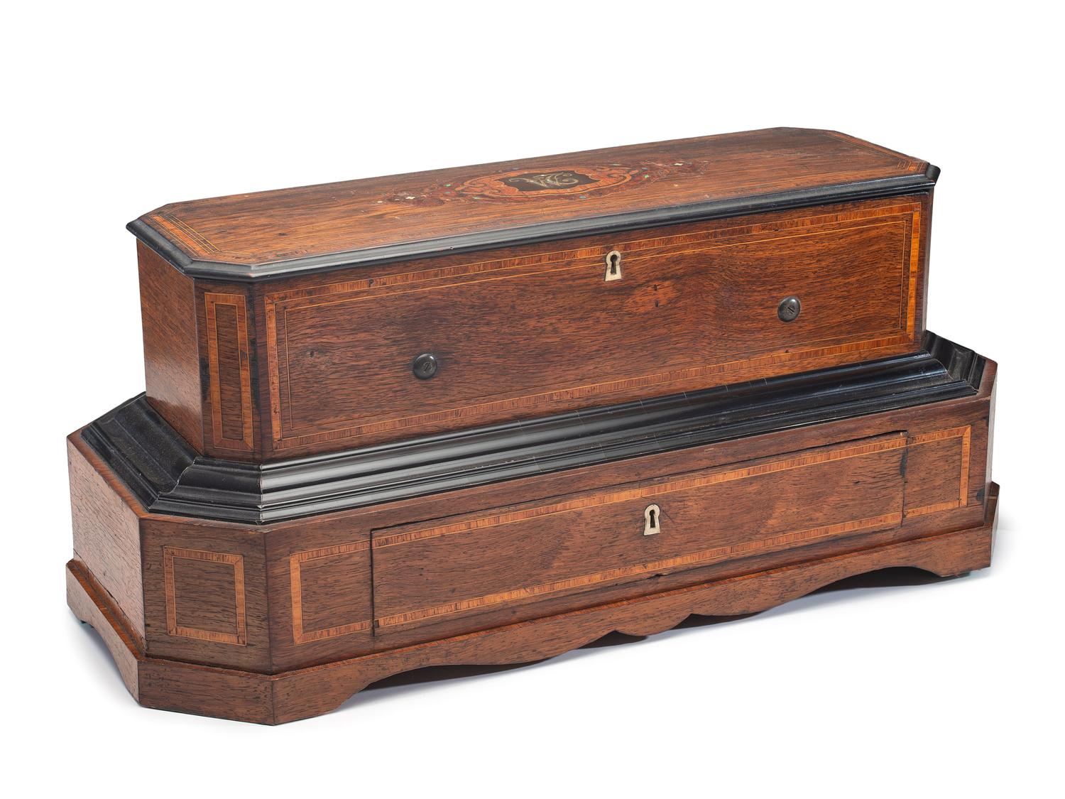 A Swiss Inlaid Mahogany Three-Cylinder Music Box