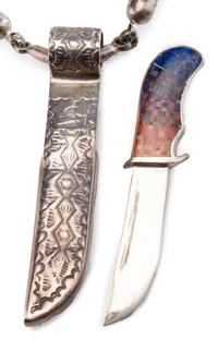 Sterling Silver Necklace, with Micro Mosaic Inlay Pocket Knife Pendant Lot is located and will ship from Denver, Colorado.