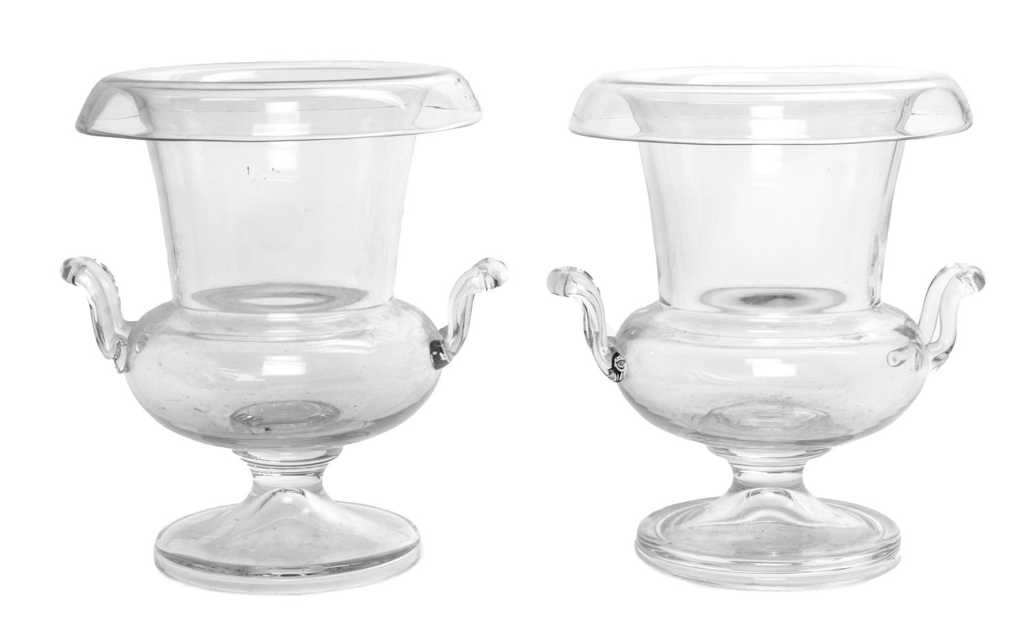 A Pair of Blown Glass Urns Height 8 1/2 inches.
