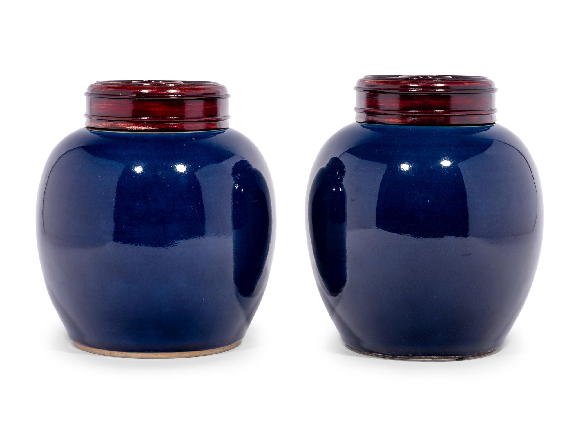 A Pair of Chinese Blue Glazed Porcelain Ginger Jars