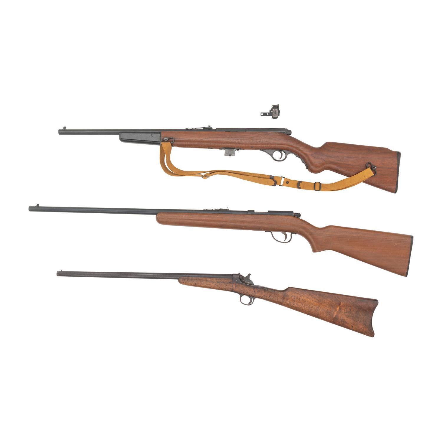**Lot of Three .22RF Rifles: Mossberg 152K, Remington 514 and H. Pieper Single Shot, with accessory Lyman 57MS Sight