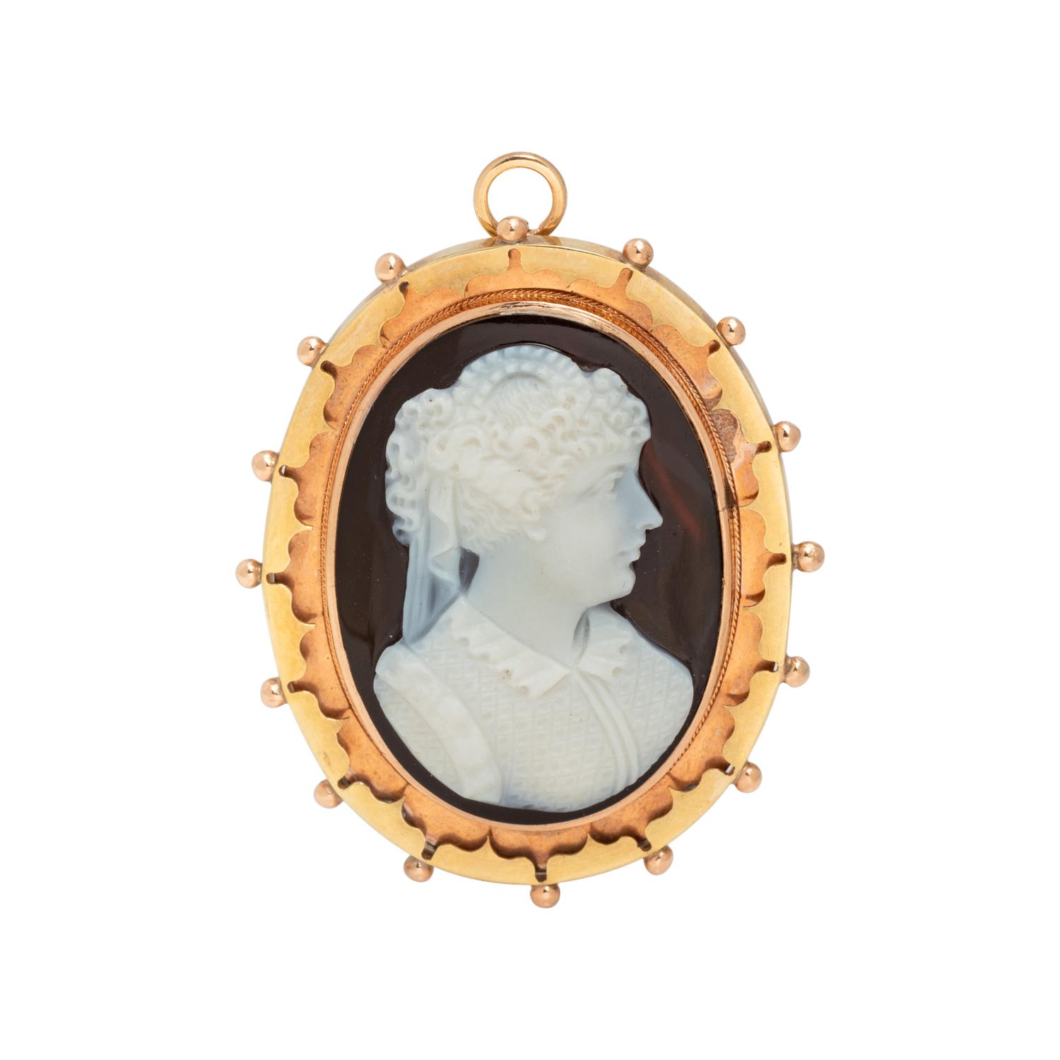 ANTIQUE, BICOLOR GOLD AND ONYX CAMEO PENDANT/BROOCH