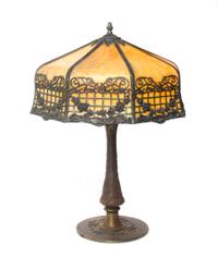 An American Slag Glass Lamp, Height overall 22 1/2 x diameter of shade 16 1/2 inches.