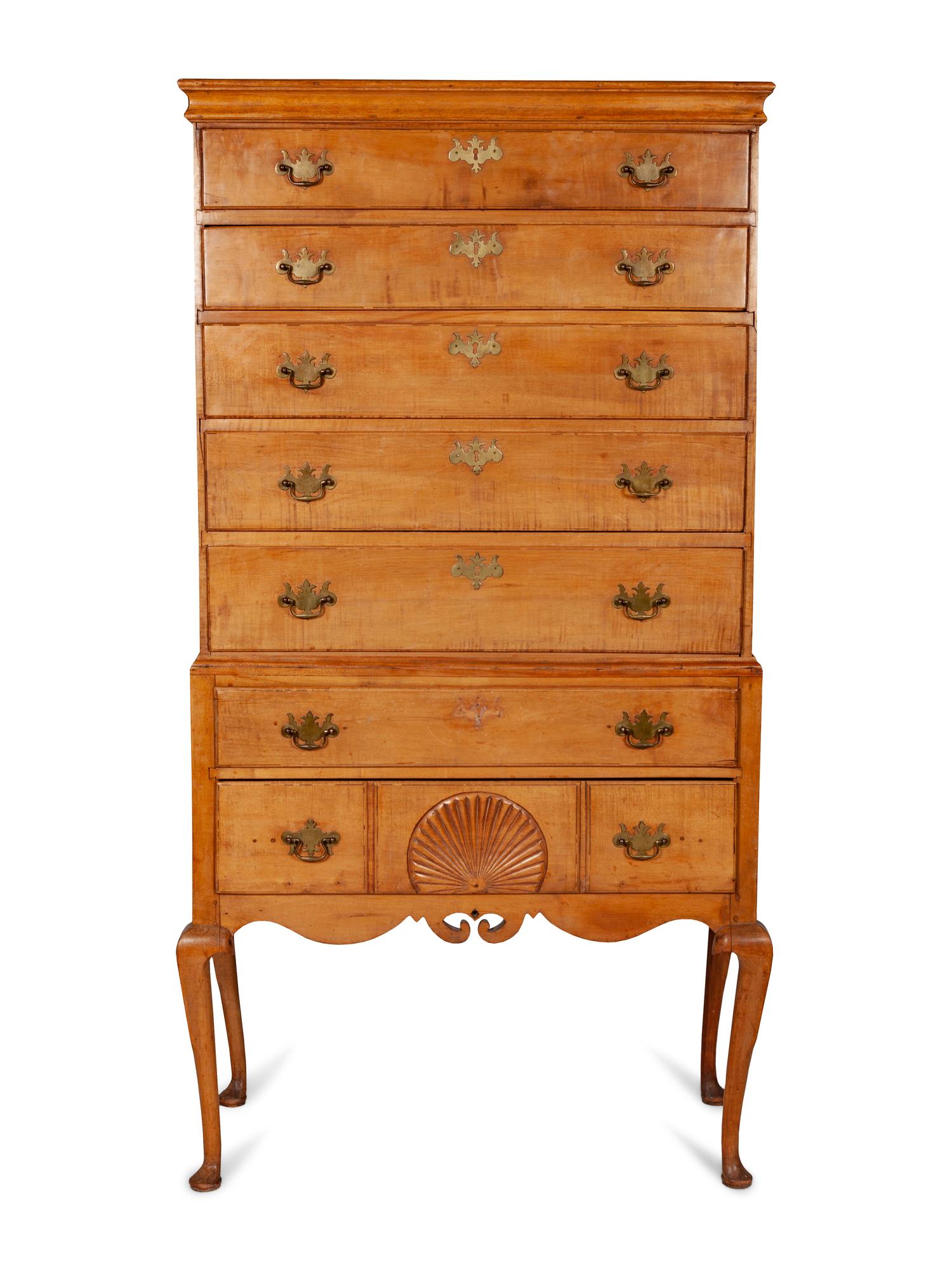 A Queen Anne Figured and Carved Maple Flat-Top High Chest