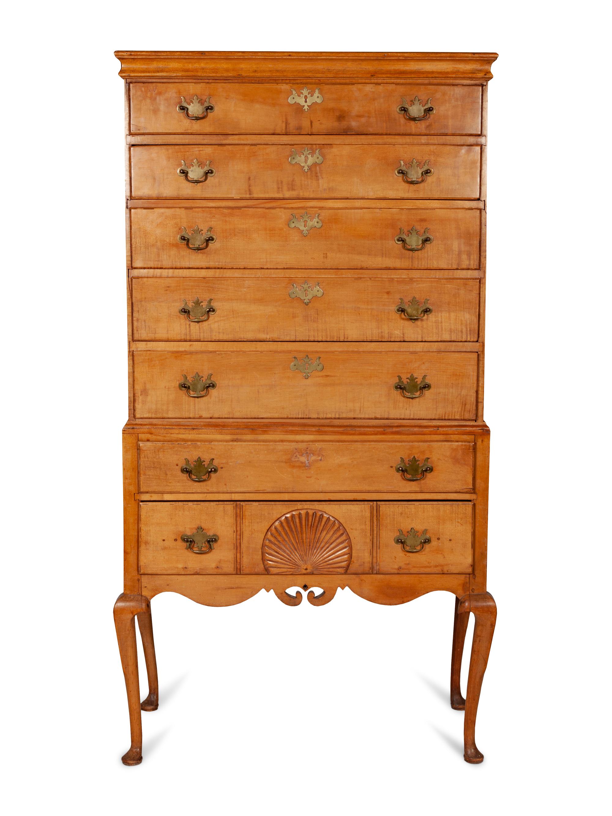 A Queen Anne Figured and Carved Maple Flat-Top High Chest