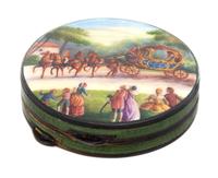An Austrian Enameled Silver Compact, , of circular form, the lid decorated with a carriage scene, opening to a fitted and mirror inset
