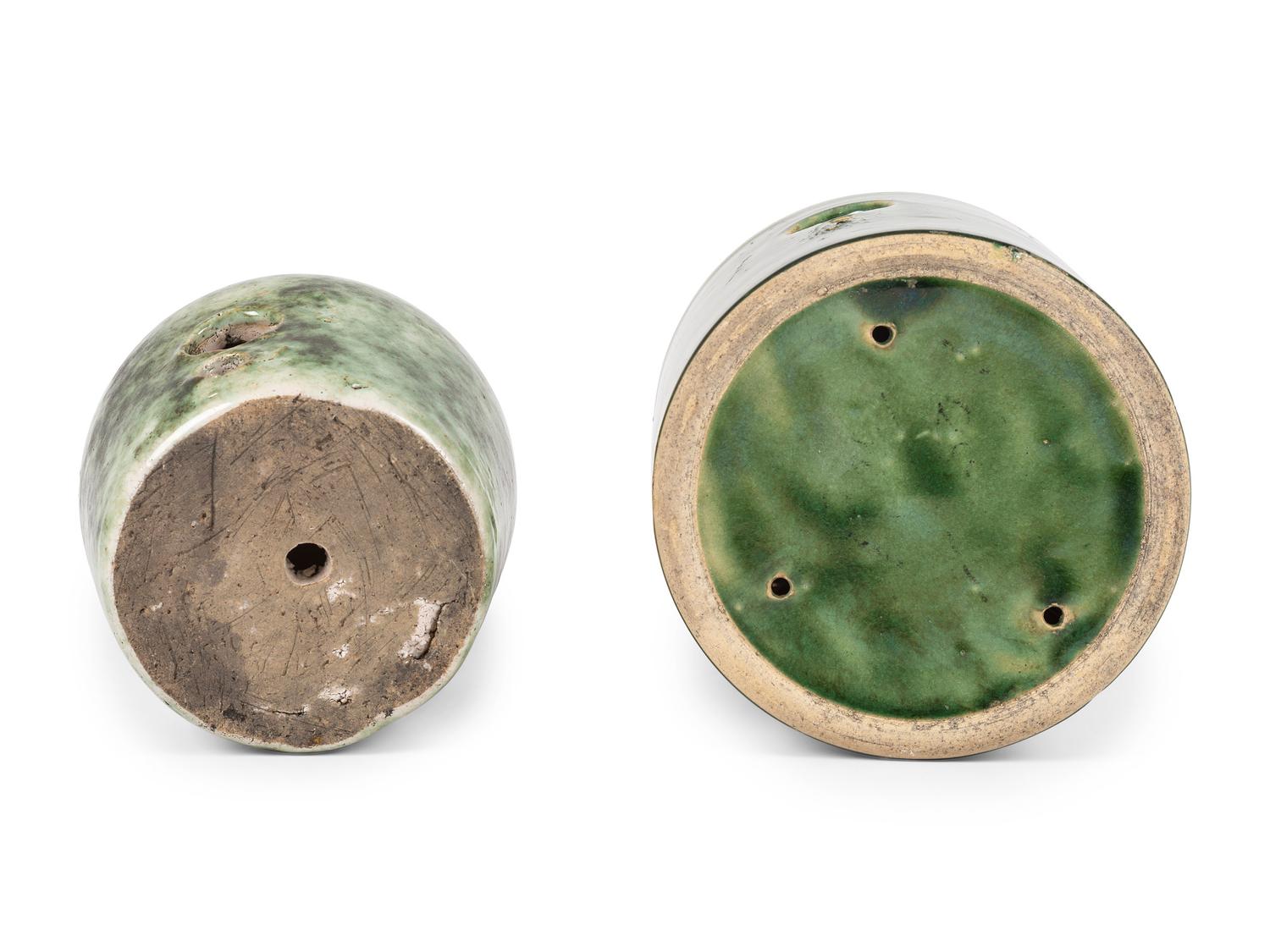 Two Stoneware Birdhouses in Green Glaze